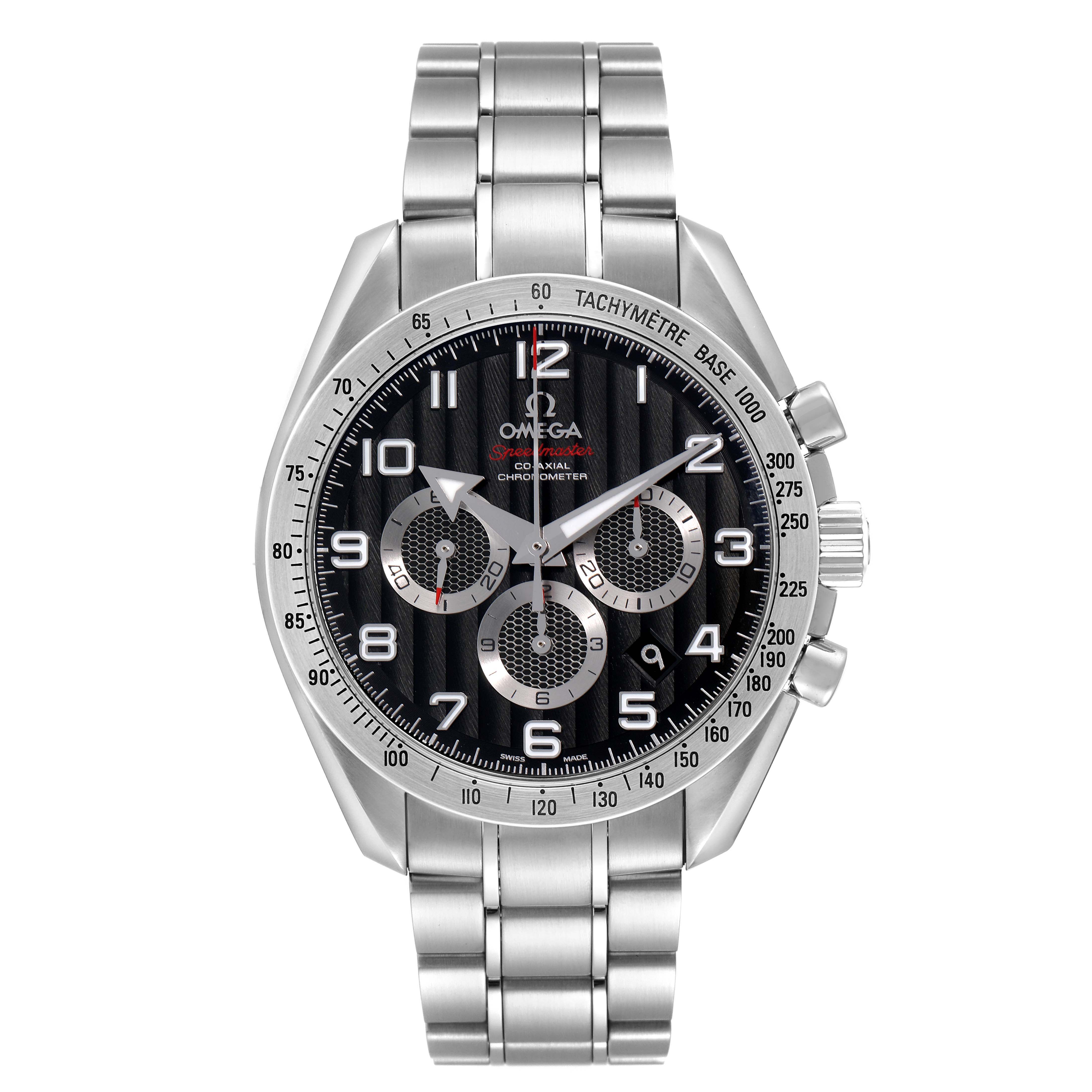 The image shows a frontal view of an Omega Speedmaster 321.10.44.50.01.001 Men's Stainless Steel Black Dial, highlighting the dial, bezel, subdials, and stainless steel bracelet.