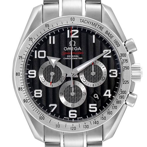 The Omega Speedmaster 321.10.44.50.01.001 Men's Stainless Steel Black Dial watch is shown from a frontal angle, displaying the dial, bezel, and chronograph pushers clearly.