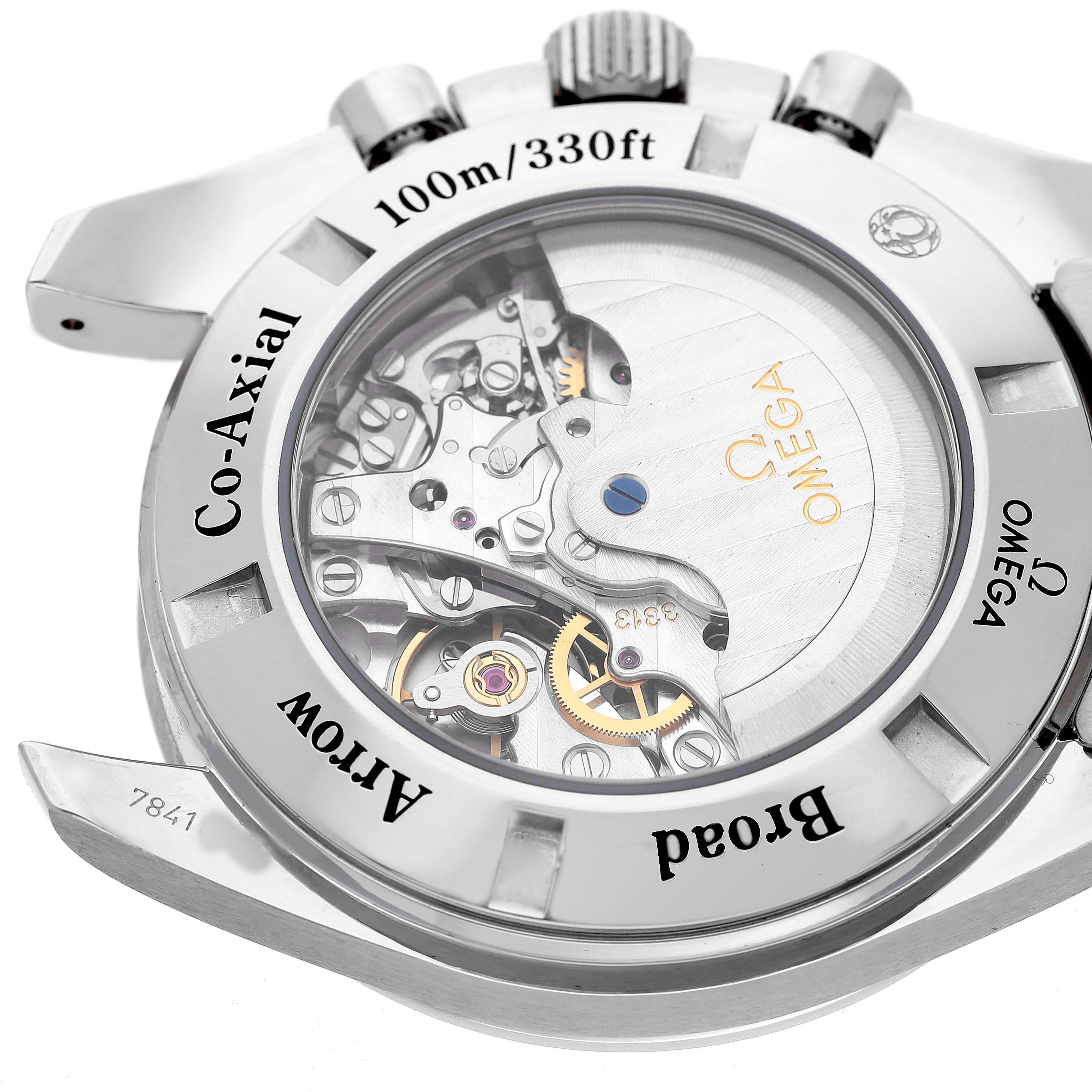 The Omega Speedmaster 321.10.44.50.01.001 Men's Stainless Steel Black Dial watch is shown from the back, highlighting its visible movement and engraved details.