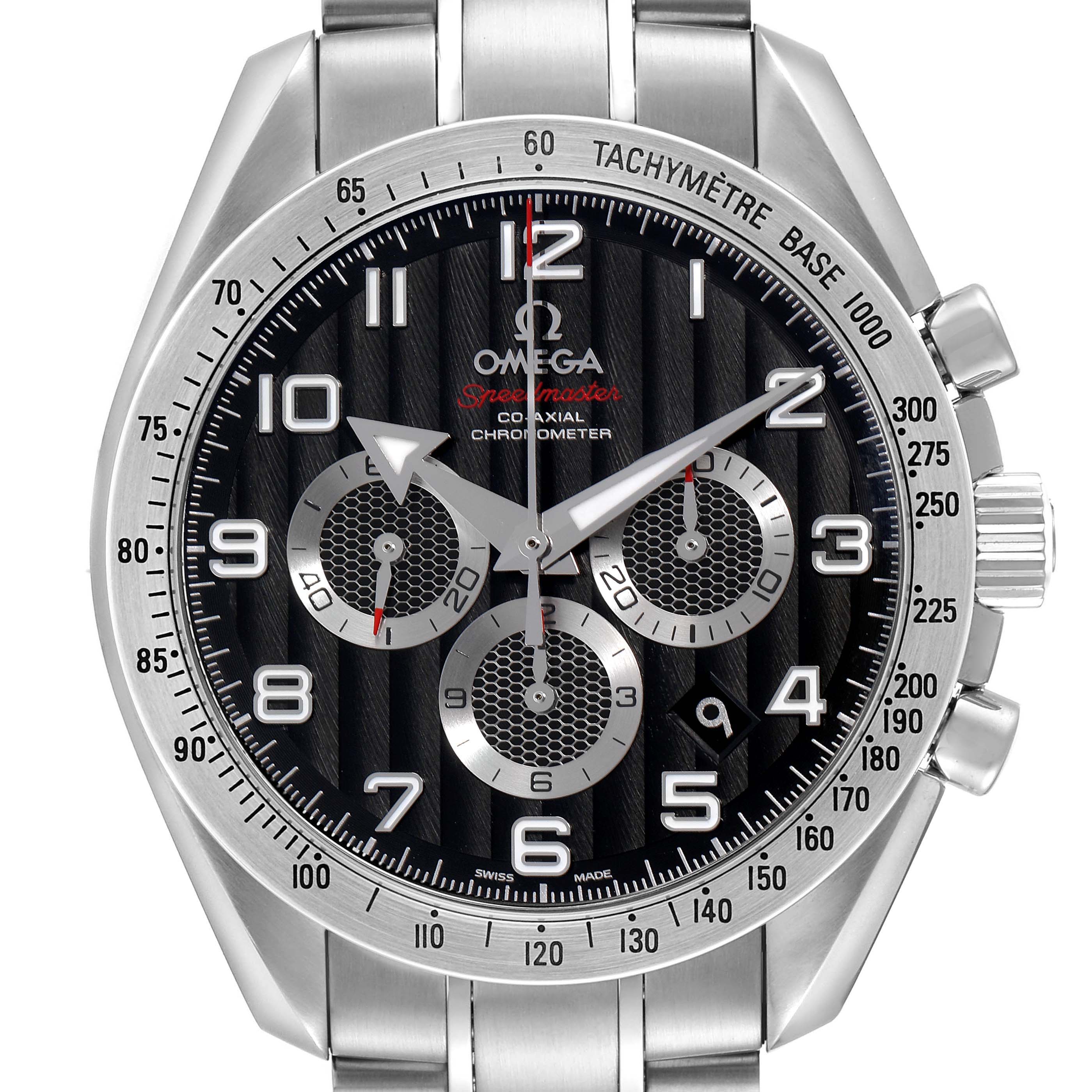 The image shows a frontal view of the Omega Speedmaster 321.10.44.50.01.001 Men's Stainless Steel Black Dial watch, displaying the dial, bezel, pushers, and part of the bracelet.