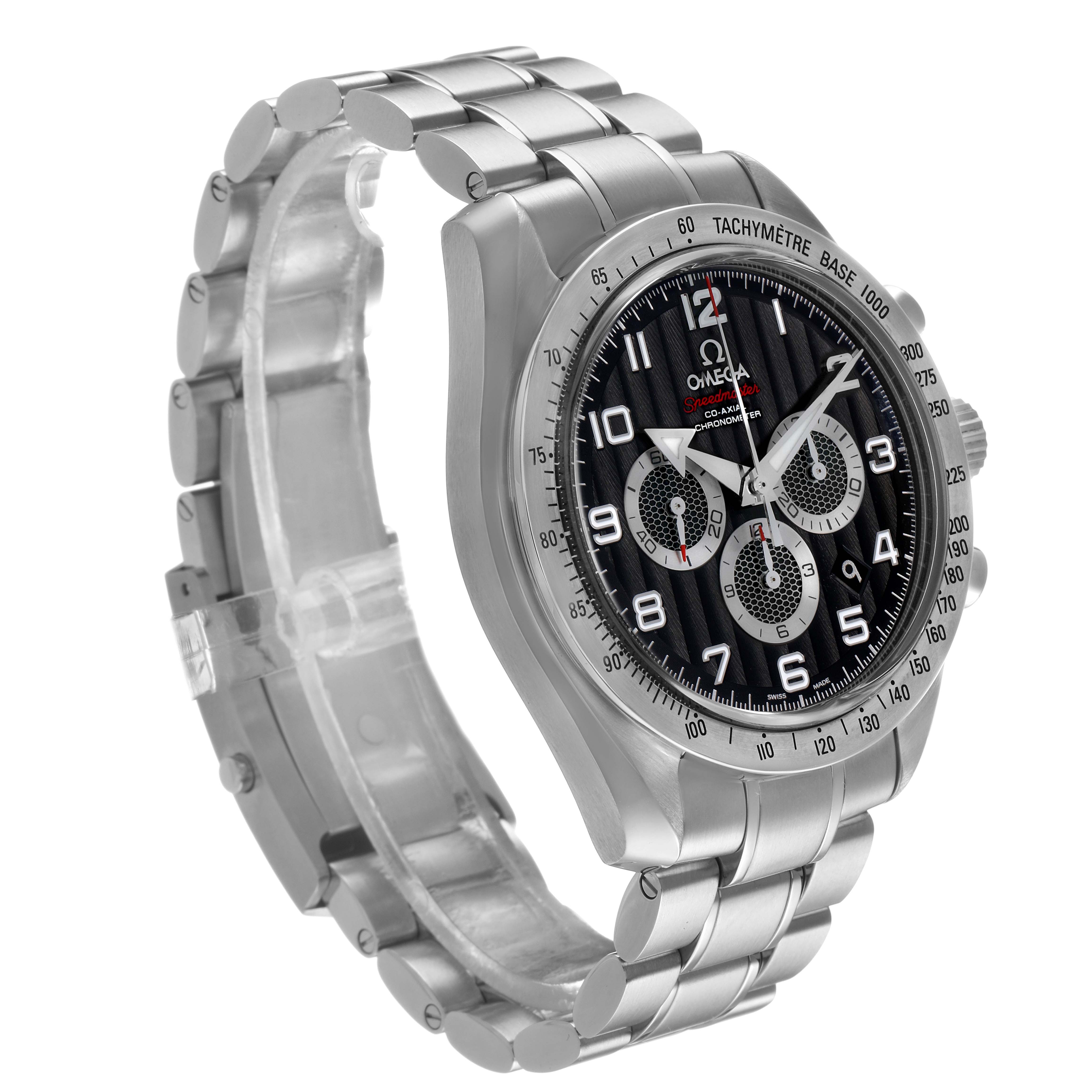 The Omega Speedmaster 321.10.44.50.01.001 Men's Stainless Steel Black Dial is shown at an angled view, displaying the watch face, tachymeter bezel, and metal bracelet.
