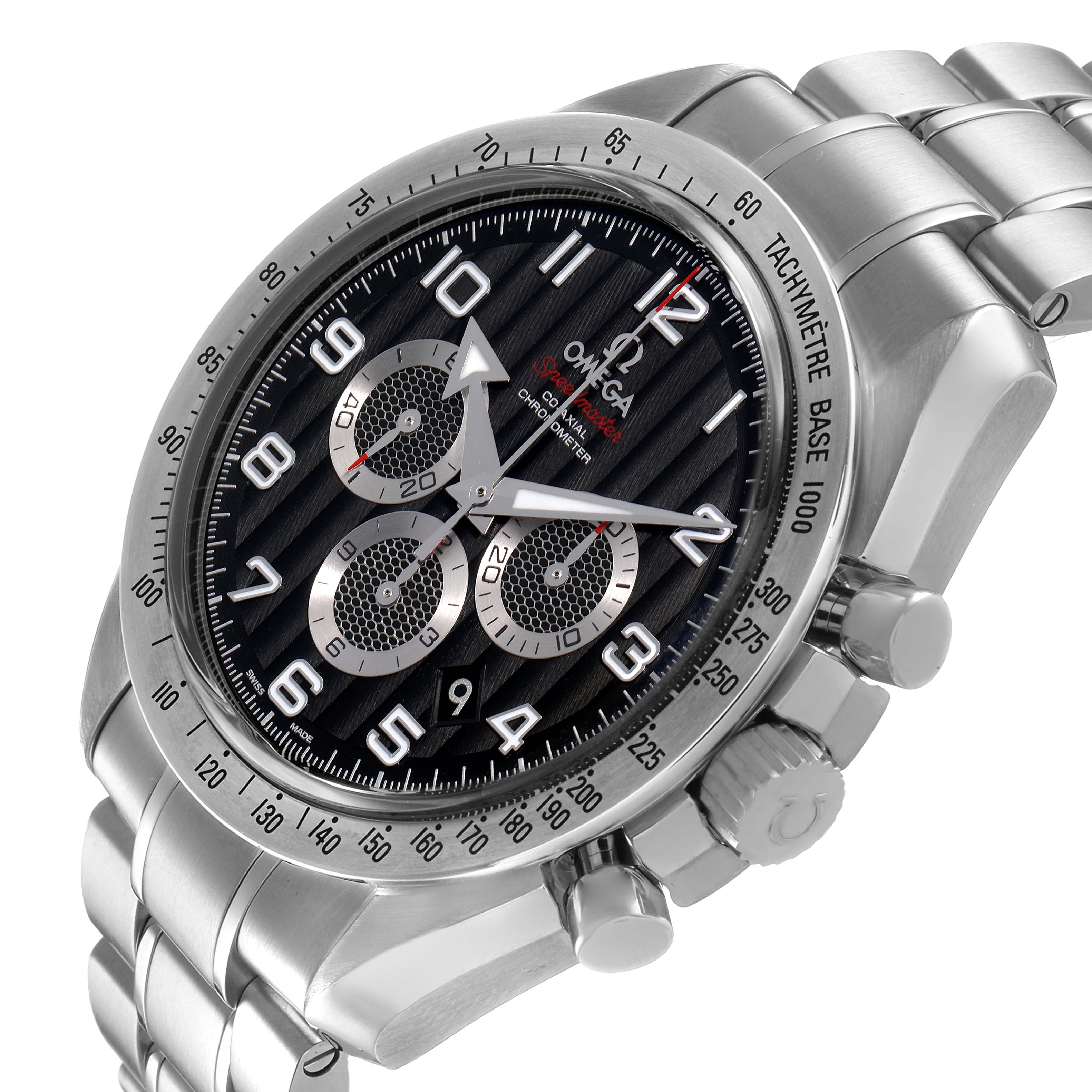 The Omega Speedmaster 321.10.44.50.01.001 Men's Stainless Steel Black Dial is shown from a front-side angle, highlighting the dial, bezel, and side pushers.