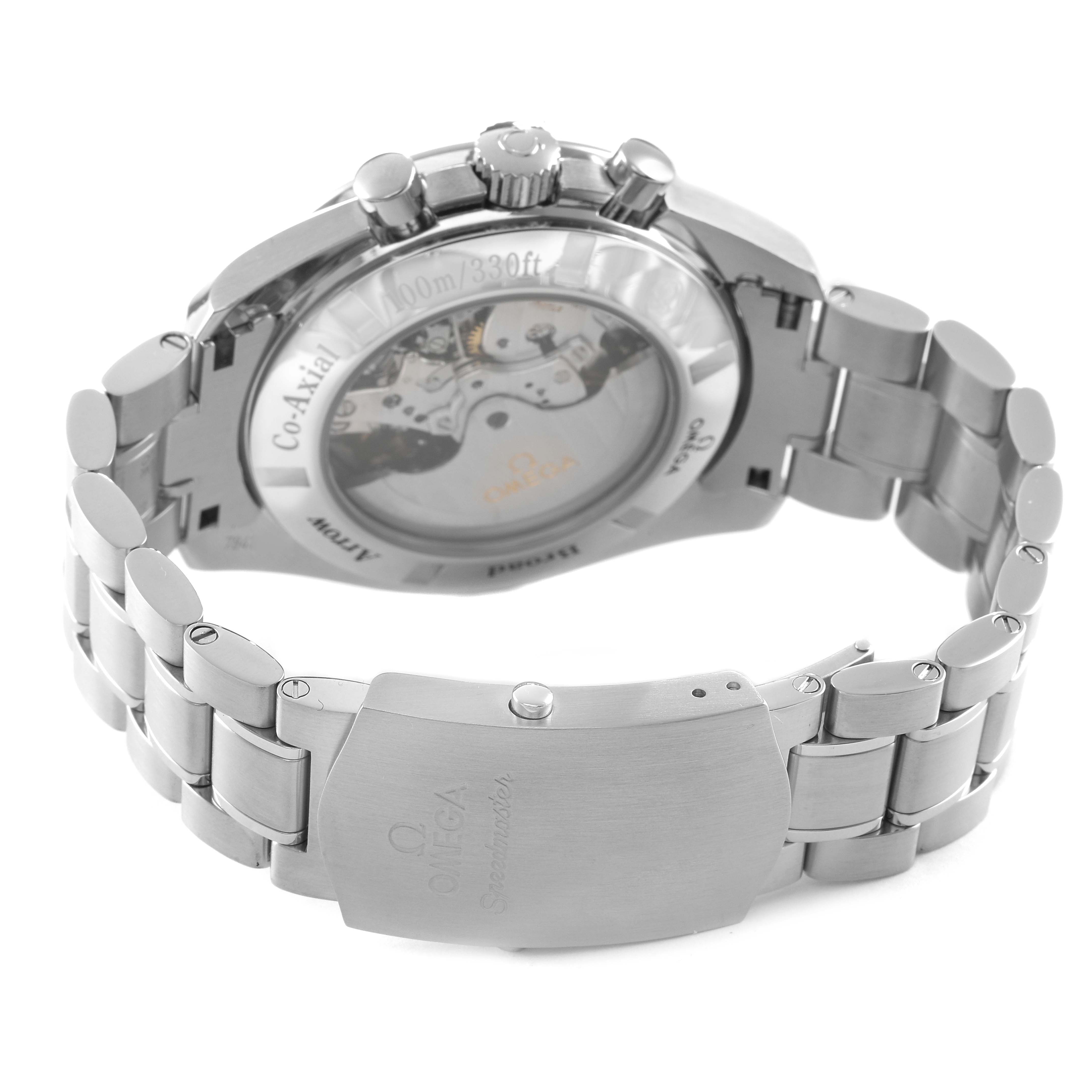 The Omega Speedmaster 321.10.44.50.01.001 Men's Stainless Steel Black Dial is shown from the back, highlighting the bracelet, clasp, and transparent case back displaying the movement.