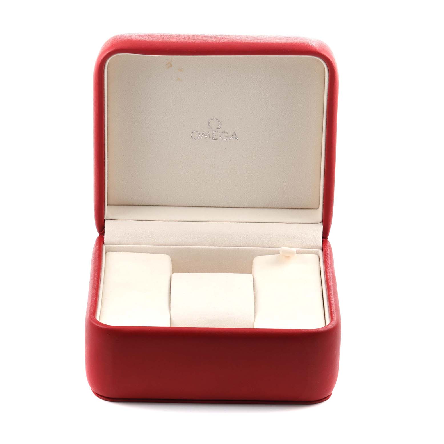 The image shows an open Omega Speedmaster 321.10.44.50.01.001 Men's Stainless Steel Black Dial watch box, featuring a red exterior and cream interior.