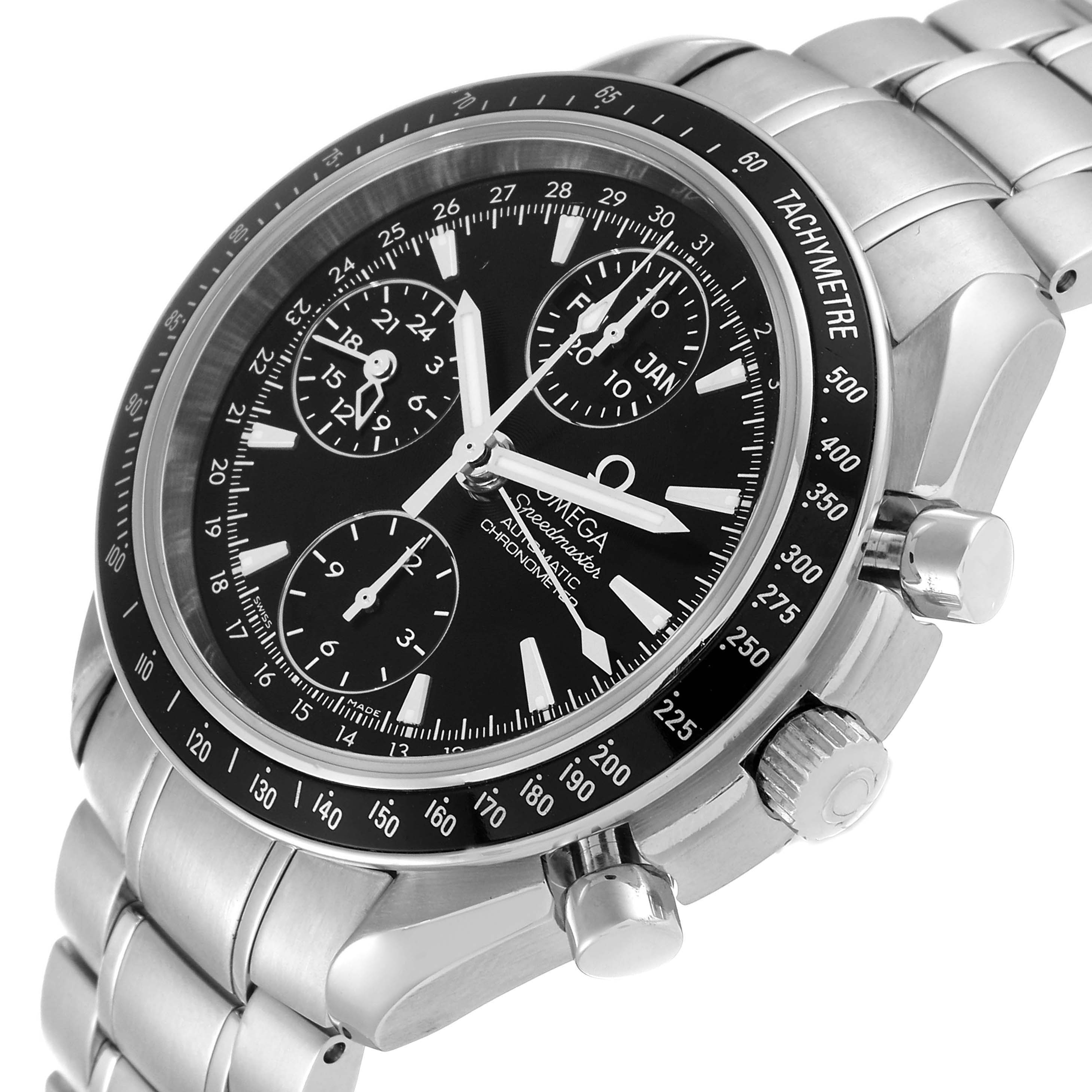 The Omega Speedmaster 3220.50.00 Men's Stainless Steel Black Dial 3220.50.00 Men's Stainless Steel Black Dial watch is shown at a slight left-side angle, highlighting the dials, tachymeter bezel, crown, and pushers.