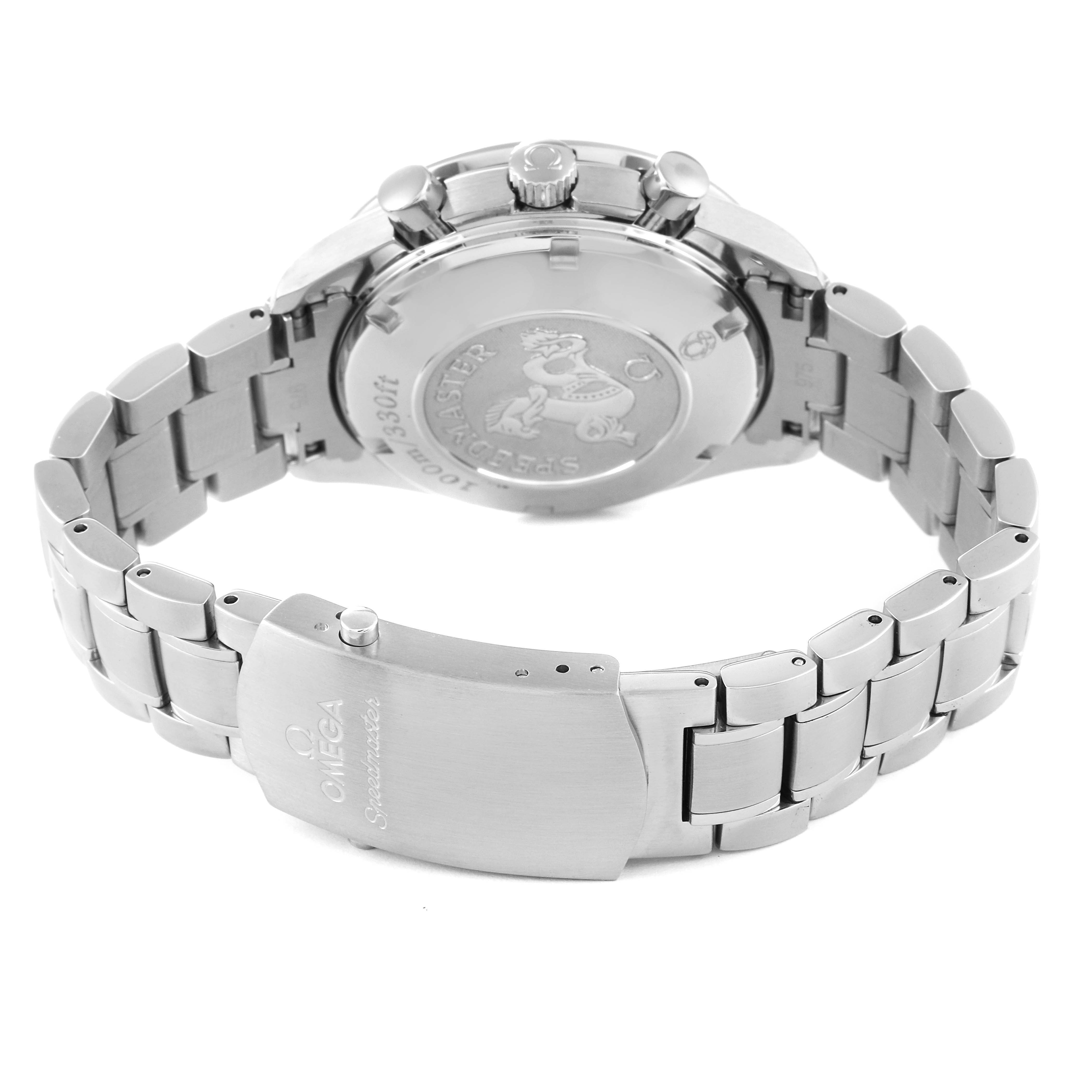The image shows the back case and bracelet of an Omega Speedmaster 3220.50.00 Men's Stainless Steel Black Dial 3220.50.00 Men's Stainless Steel Black Dial watch from a rear angle.