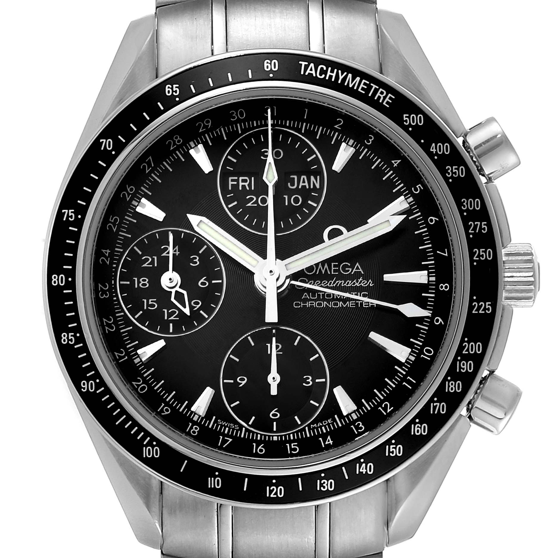 The image shows a front view of the Omega Speedmaster 3220.50.00 Men's Stainless Steel Black Dial 3220.50.00 Men's Stainless Steel Black Dial watch, detailing the dial, hands, subdials, and bezel.