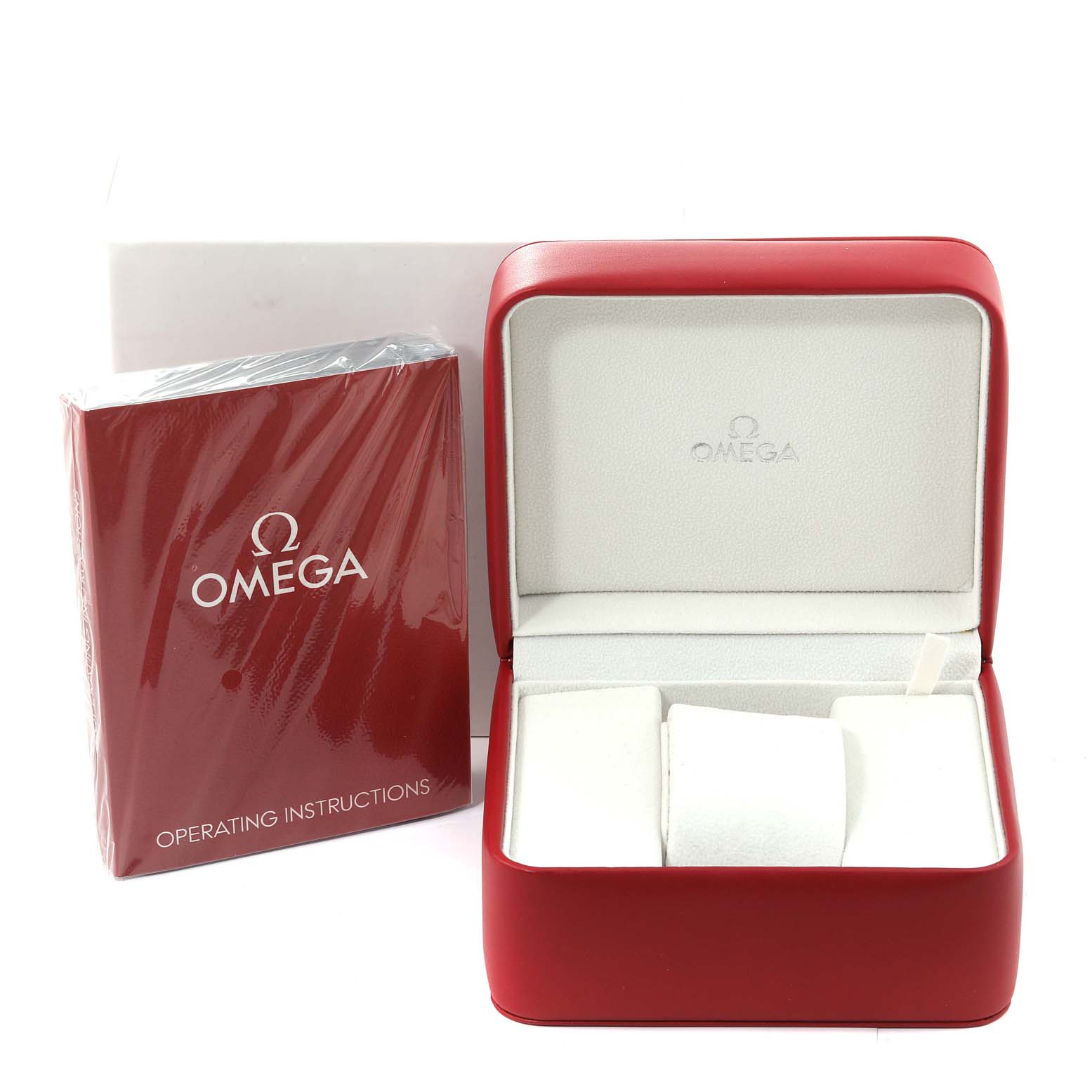 The image shows the Omega Speedmaster 3220.50.00 Men's Stainless Steel Black Dial 3220.50.00 Men's Stainless Steel Black Dial model watch's empty case at an open angle, along with the operating instructions manual.