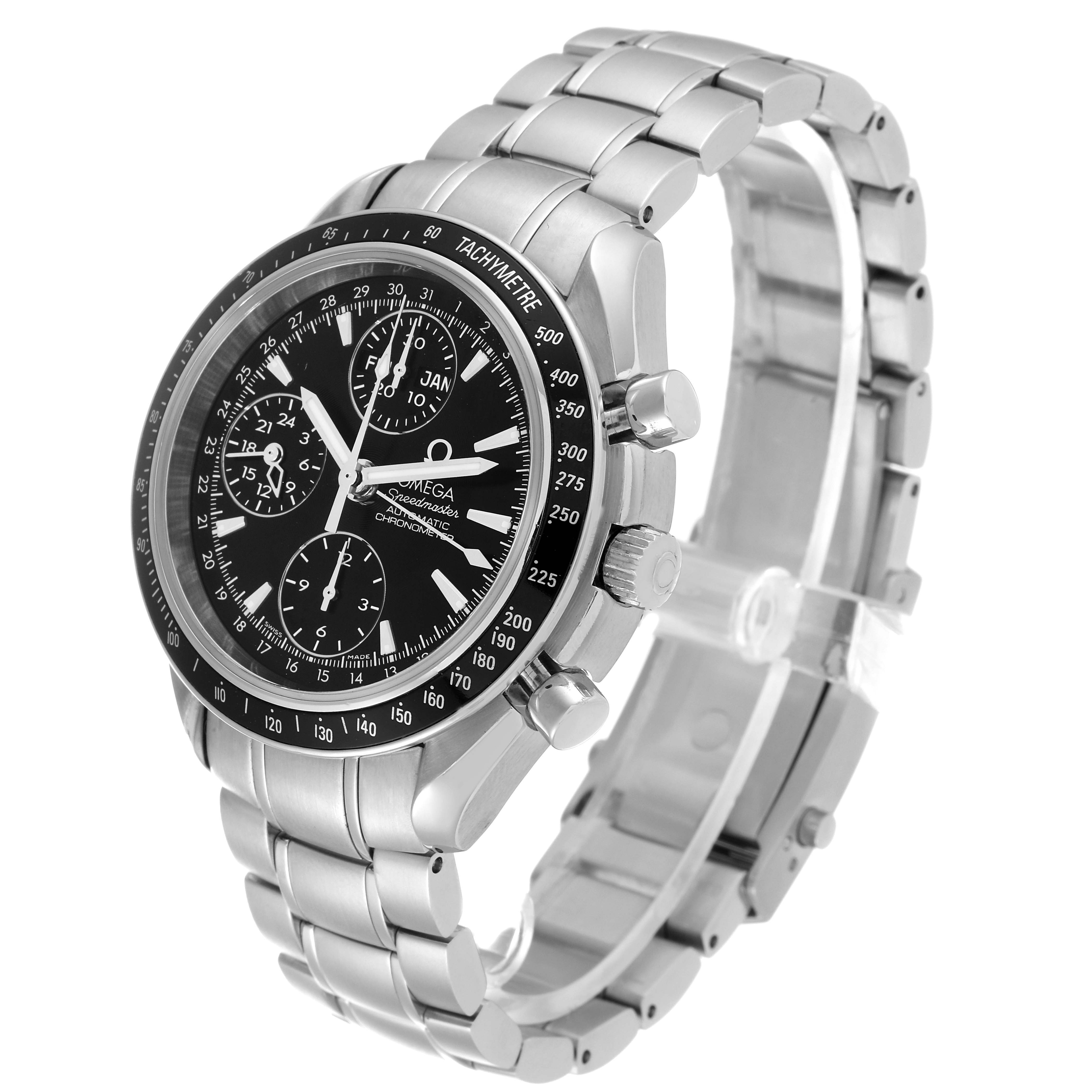The image shows an Omega Speedmaster 3220.50.00 Men's Stainless Steel Black Dial 3220.50.00 Men's Stainless Steel Black Dial watch from a tilted side view, highlighting its face, bezel, and metal bracelet.