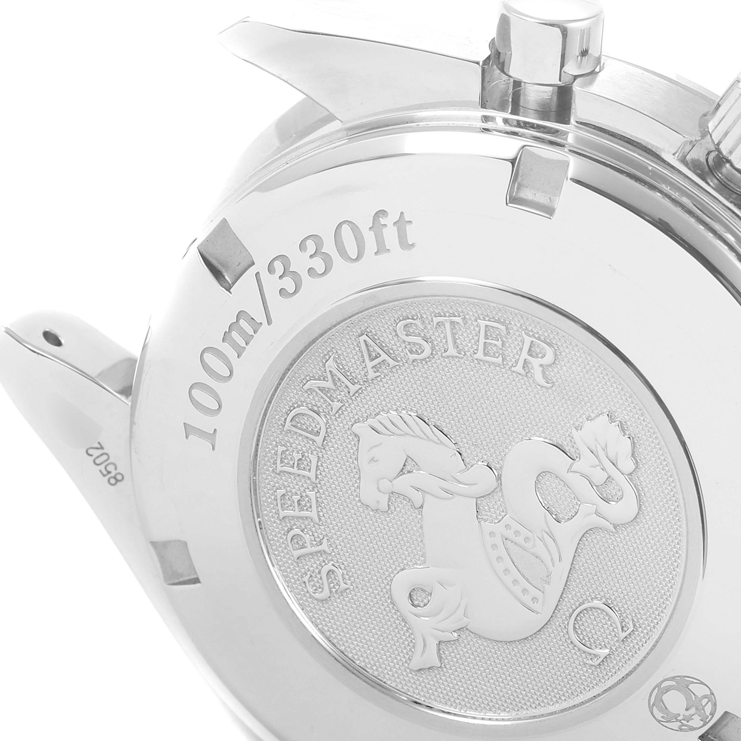 The image shows the back case of an Omega Speedmaster 3220.50.00 Men
s Stainless Steel Black Dial 3220.50.00 Men
s Stainless Steel Black Dial watch, featuring engraved text and an embossed horse emblem.