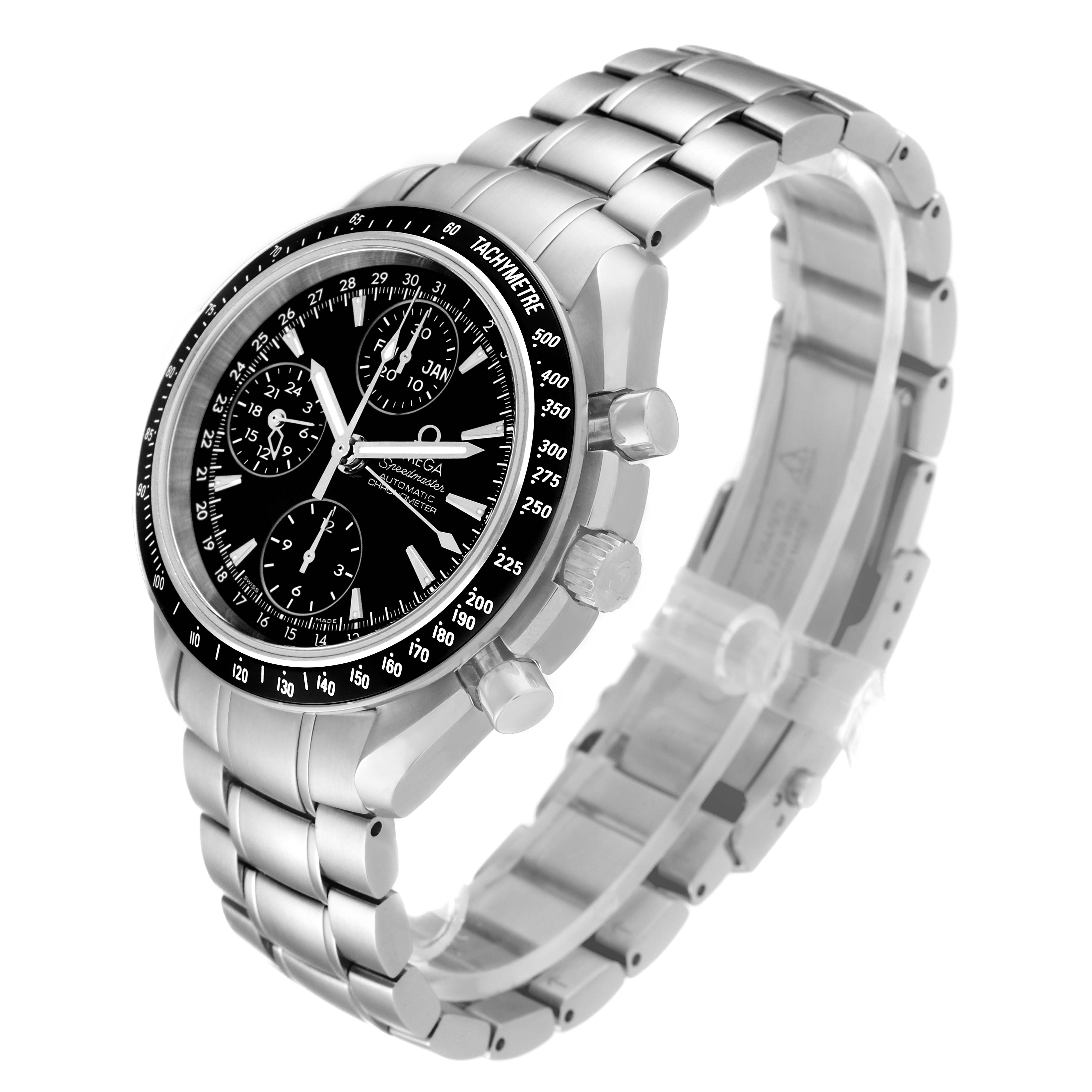The image shows a side angle of an Omega Speedmaster 3220.50.00 Men
s Stainless Steel Black Dial 3220.50.00 Men
s Stainless Steel Black Dial watch, highlighting the face, bezel, pushers, and stainless steel bracelet.