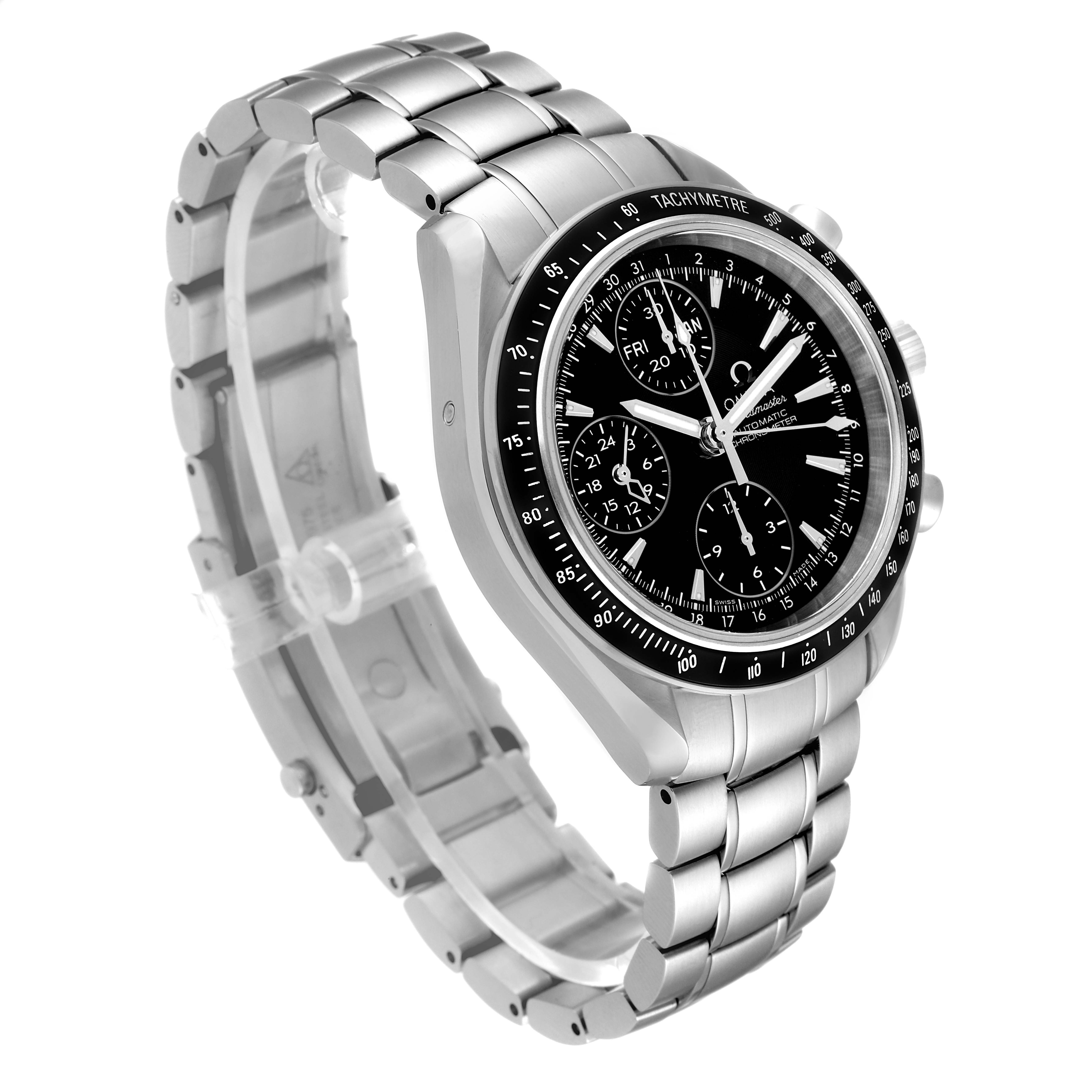 The Omega Speedmaster 3220.50.00 Men
s Stainless Steel Black Dial 3220.50.00 Men
s Stainless Steel Black Dial watch is shown at an angle, displaying the face, bezel, and stainless steel bracelet.