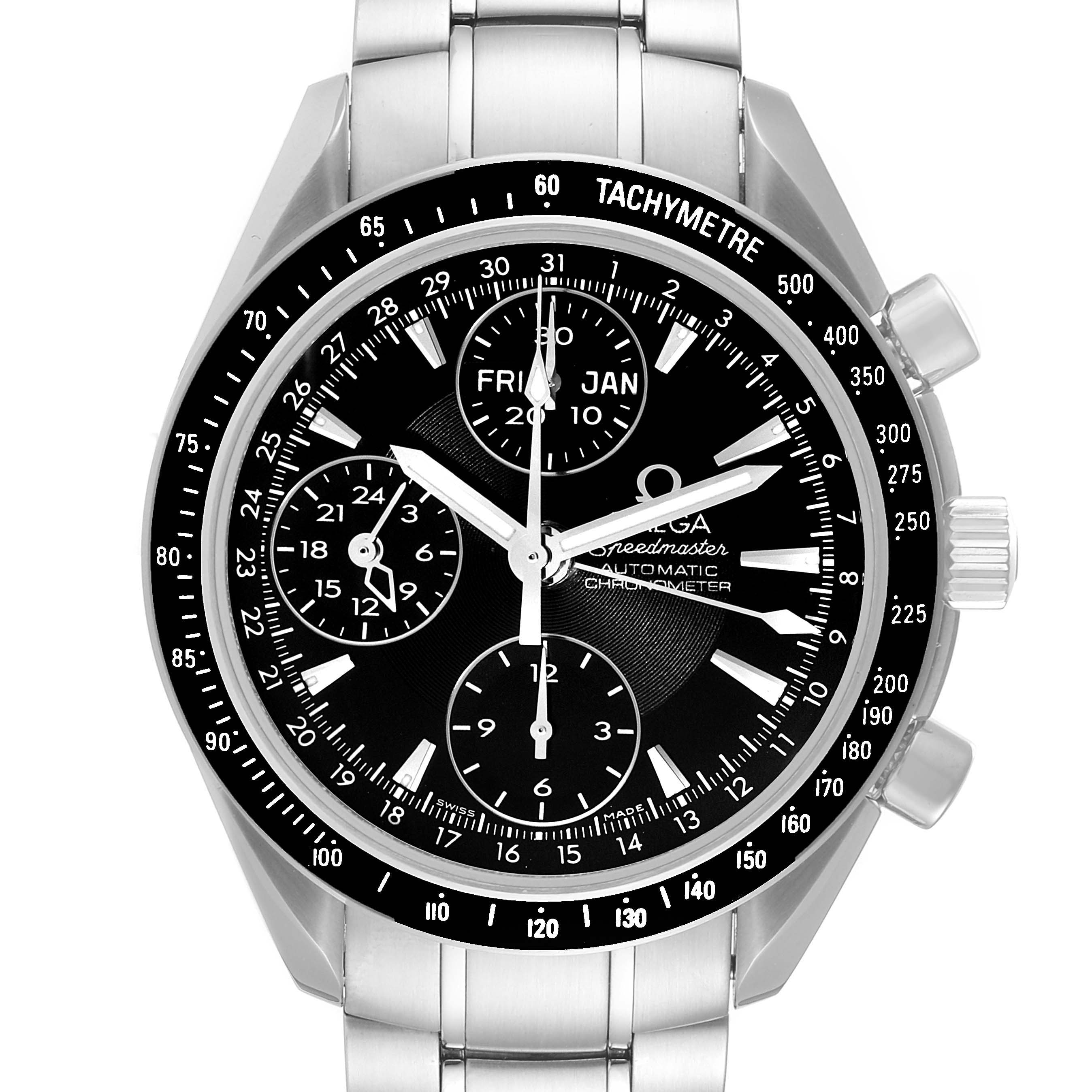 The image shows a frontal view of an Omega Speedmaster 3220.50.00 Men
s Stainless Steel Black Dial 3220.50.00 Men
s Stainless Steel Black Dial watch, displaying its black dial, subdials, and tachymeter bezel.