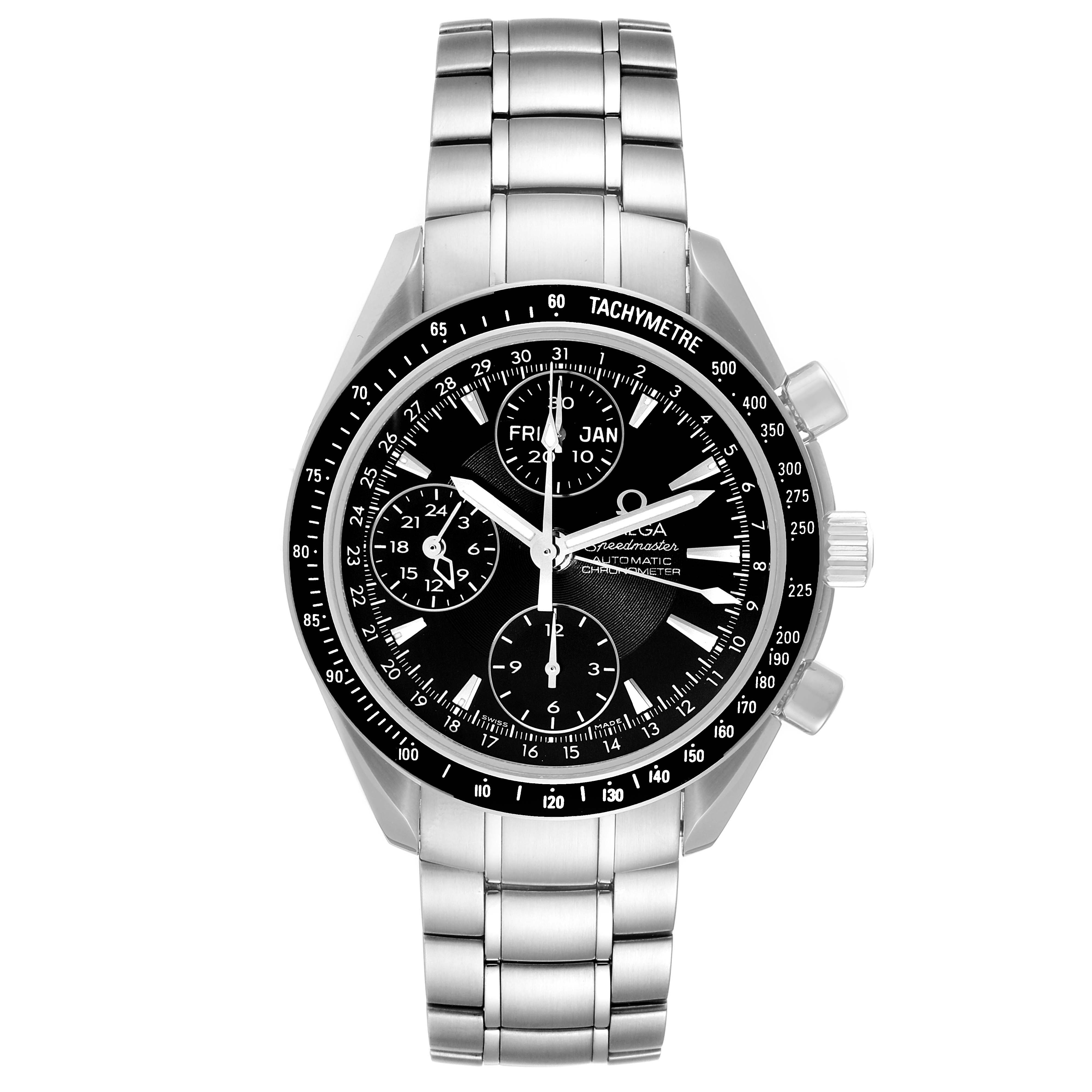 The image shows a frontal view of an Omega Speedmaster 3220.50.00 Men
s Stainless Steel Black Dial 3220.50.00 Men
s Stainless Steel Black Dial watch, including its bracelet, bezel, dial, and chronograph buttons.