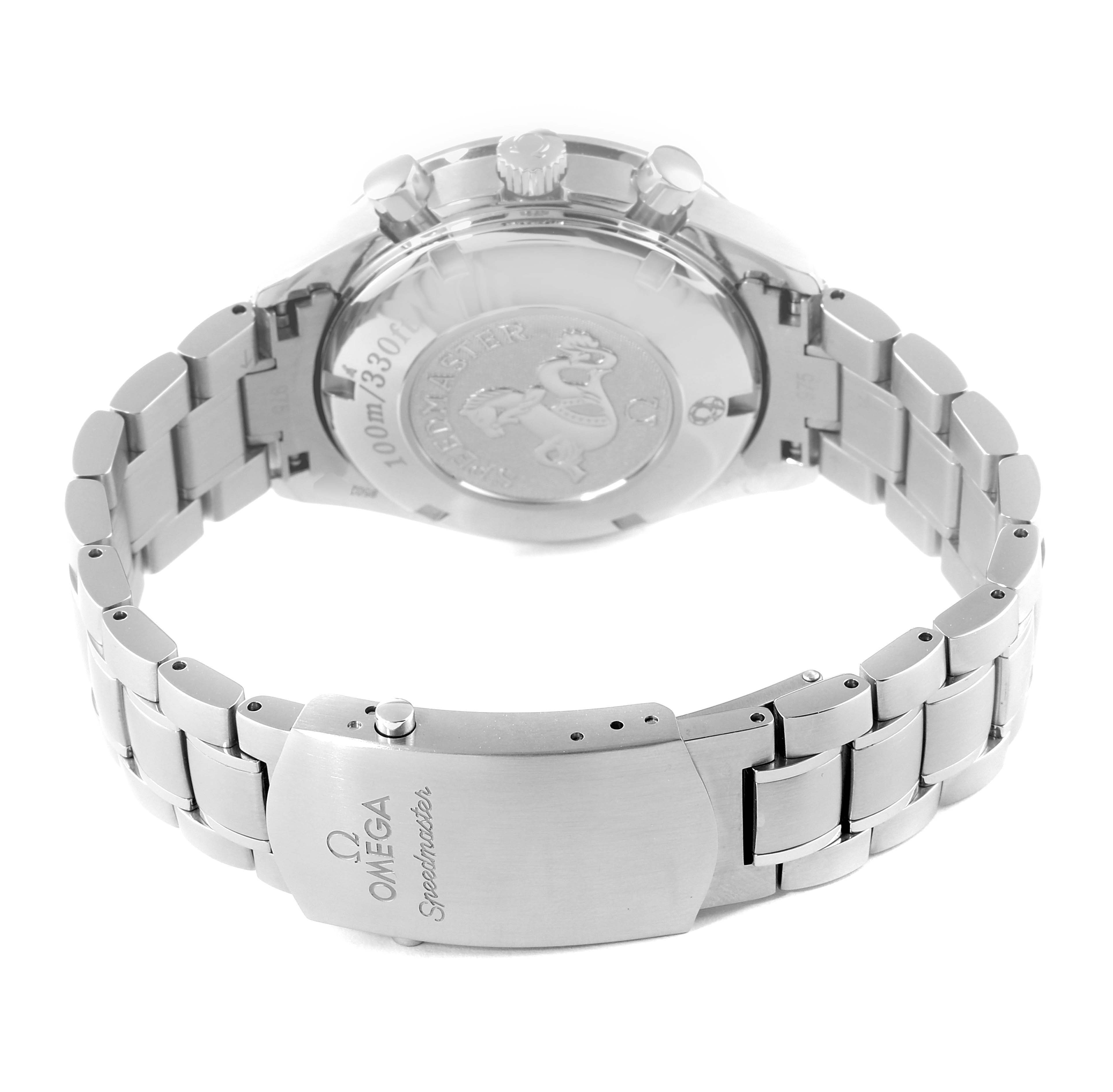 The image shows the back case and bracelet of the Omega Speedmaster 3220.50.00 Men
s Stainless Steel Black Dial 3220.50.00 Men
s Stainless Steel Black Dial watch, highlighting the clasp and case back engraving.