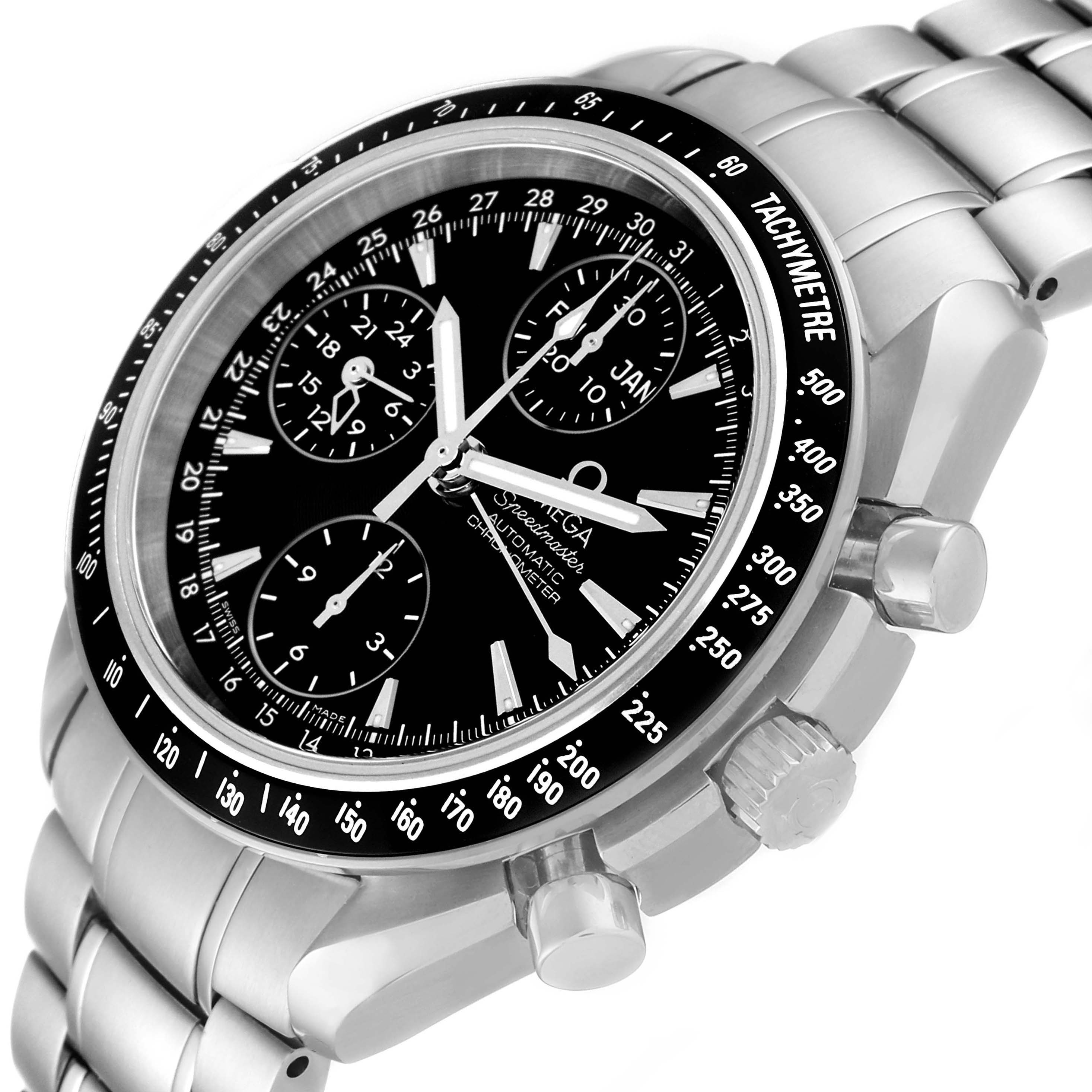 The Omega Speedmaster 3220.50.00 Men
s Stainless Steel Black Dial 3220.50.00 Men
s Stainless Steel Black Dial watch is shown at an angled side view, highlighting the face, subdials, bezel, and bracelet.
