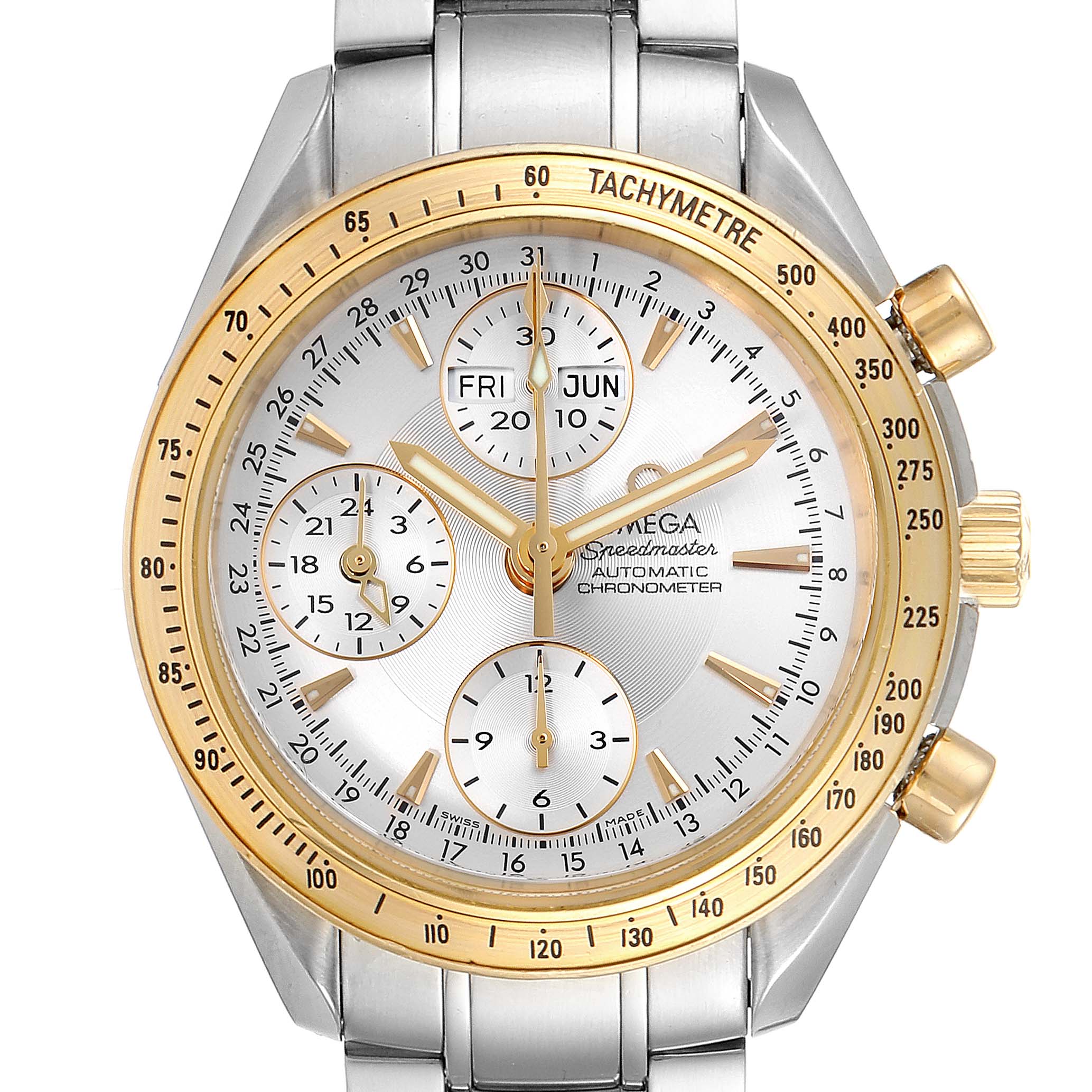 The image shows a front angle of an Omega Speedmaster 323.21.40.44.02.001 Men's Steel and Gold (two tone) Silver Dial 323.21.40.44.02.001 Men's Steel and Gold (two tone) Silver Dial watch, highlighting its dial, subdials, tachymeter bezel, and bracelet.