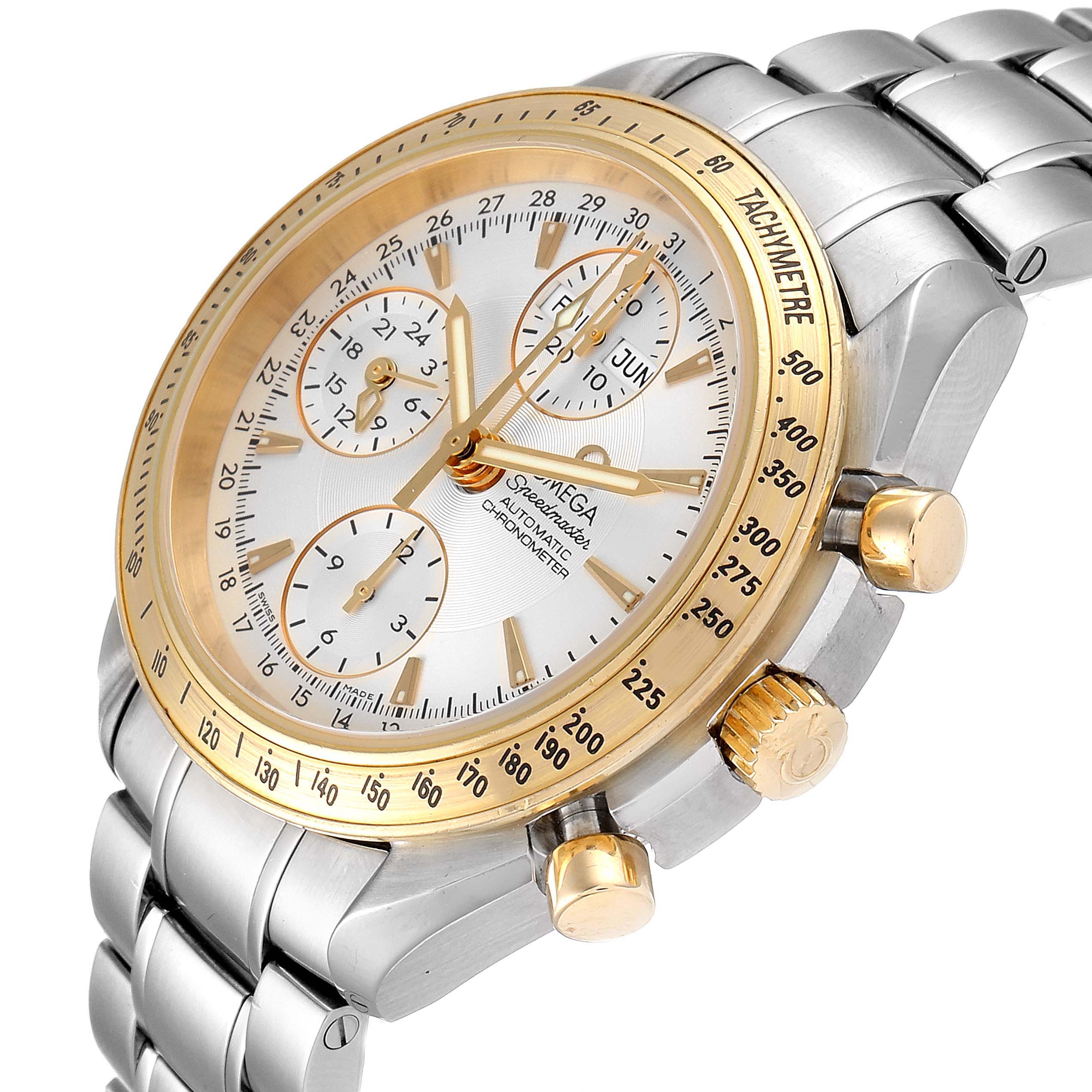 This image shows the Omega Speedmaster 323.21.40.44.02.001 Men's Steel and Gold (two tone) Silver Dial 323.21.40.44.02.001 Men's Steel and Gold (two tone) Silver Dial watch at an angle highlighting the bezel, crown, chronograph subdials, and bracelet.