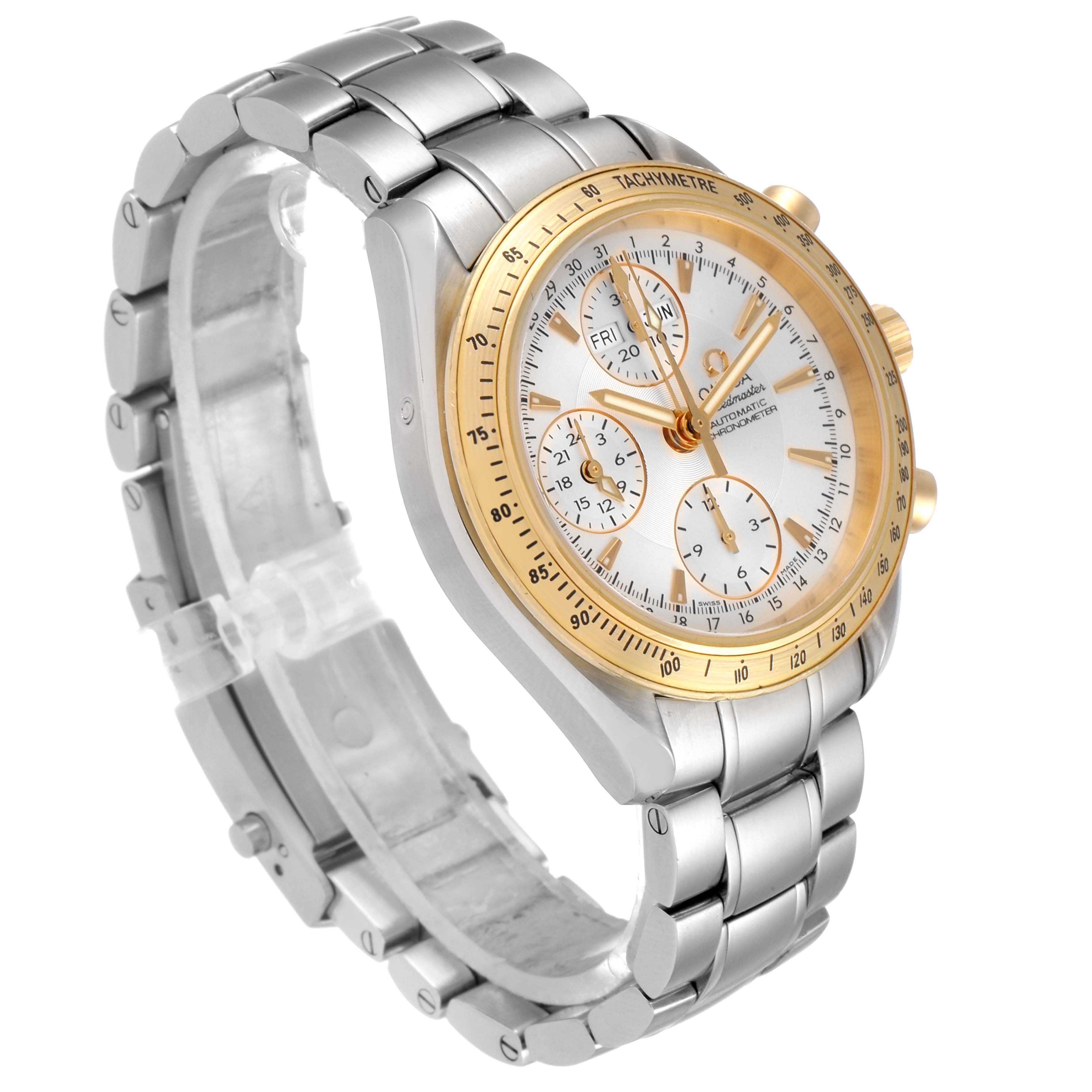 The image shows an angled view of an Omega Speedmaster 323.21.40.44.02.001 Men's Steel and Gold (two tone) Silver Dial 323.21.40.44.02.001 Men's Steel and Gold (two tone) Silver Dial watch, featuring its face, bezel, and metal bracelet.