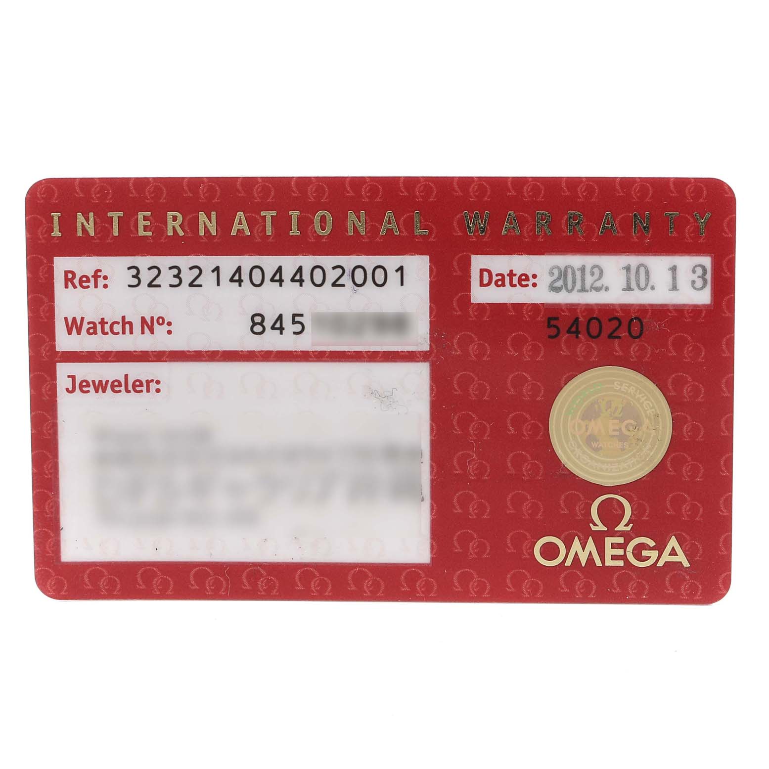 This image shows an international warranty card for the Omega Speedmaster 323.21.40.44.02.001 Men's Steel and Gold (two tone) Silver Dial 323.21.40.44.02.001 Men's Steel and Gold (two tone) Silver Dial watch, displaying the reference number, watch number, and date.