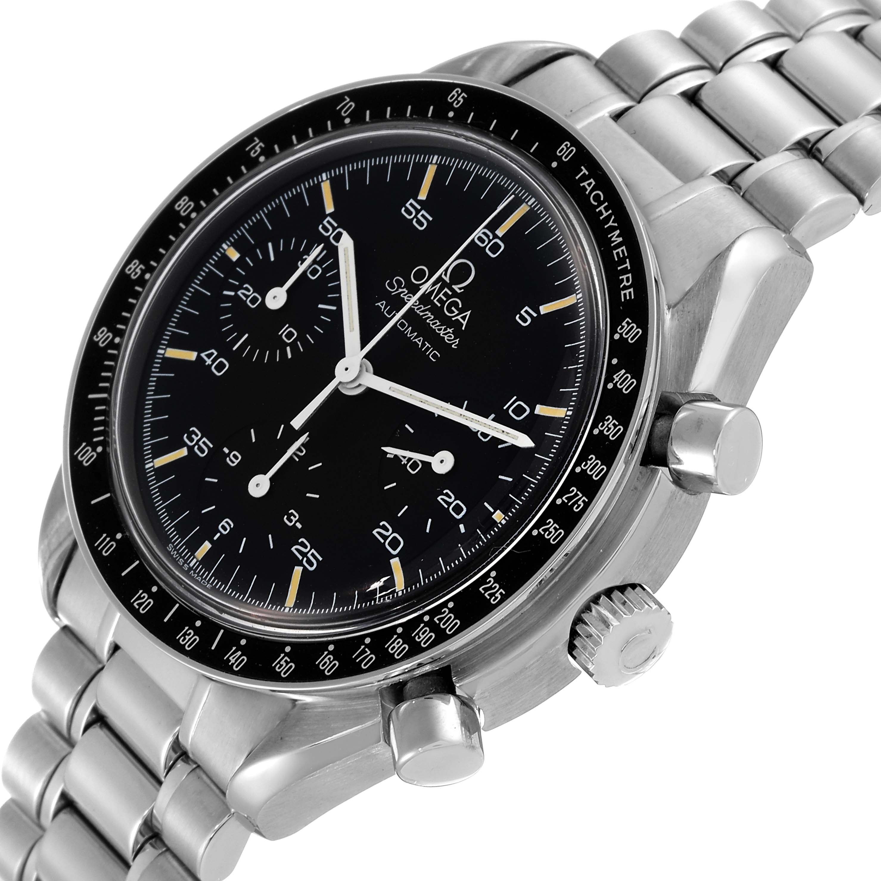 The image shows an angled side view of an Omega Speedmaster 3510.50.00 Men's Stainless Steel Black Dial 3510.50.00 Men's Stainless Steel Black Dial watch, highlighting its dial, bezel, crown, and pushers.