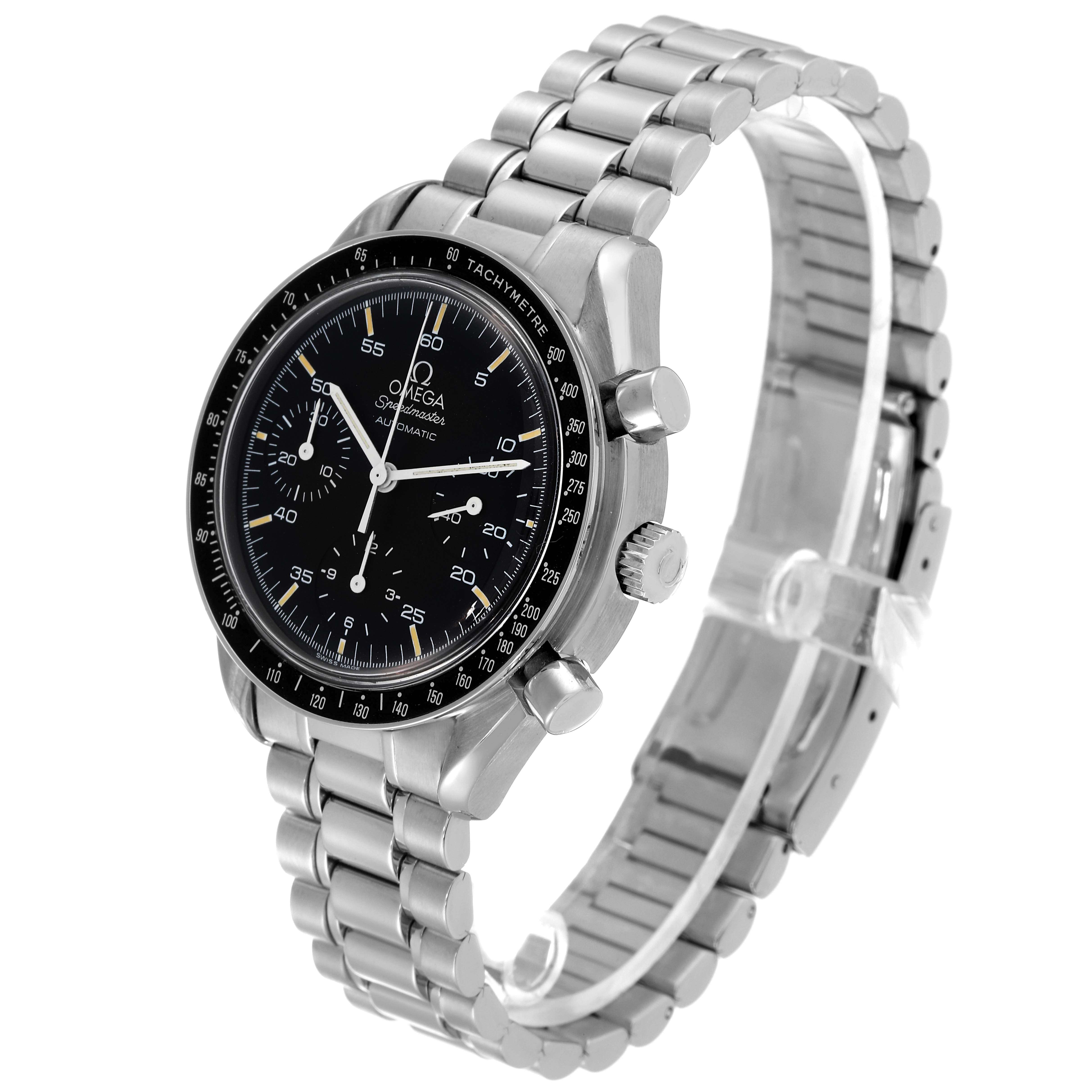 This image shows an angled side view of the Omega Speedmaster 3510.50.00 Men's Stainless Steel Black Dial 3510.50.00 Men's Stainless Steel Black Dial watch, highlighting its dial, case, crown, and stainless steel bracelet.