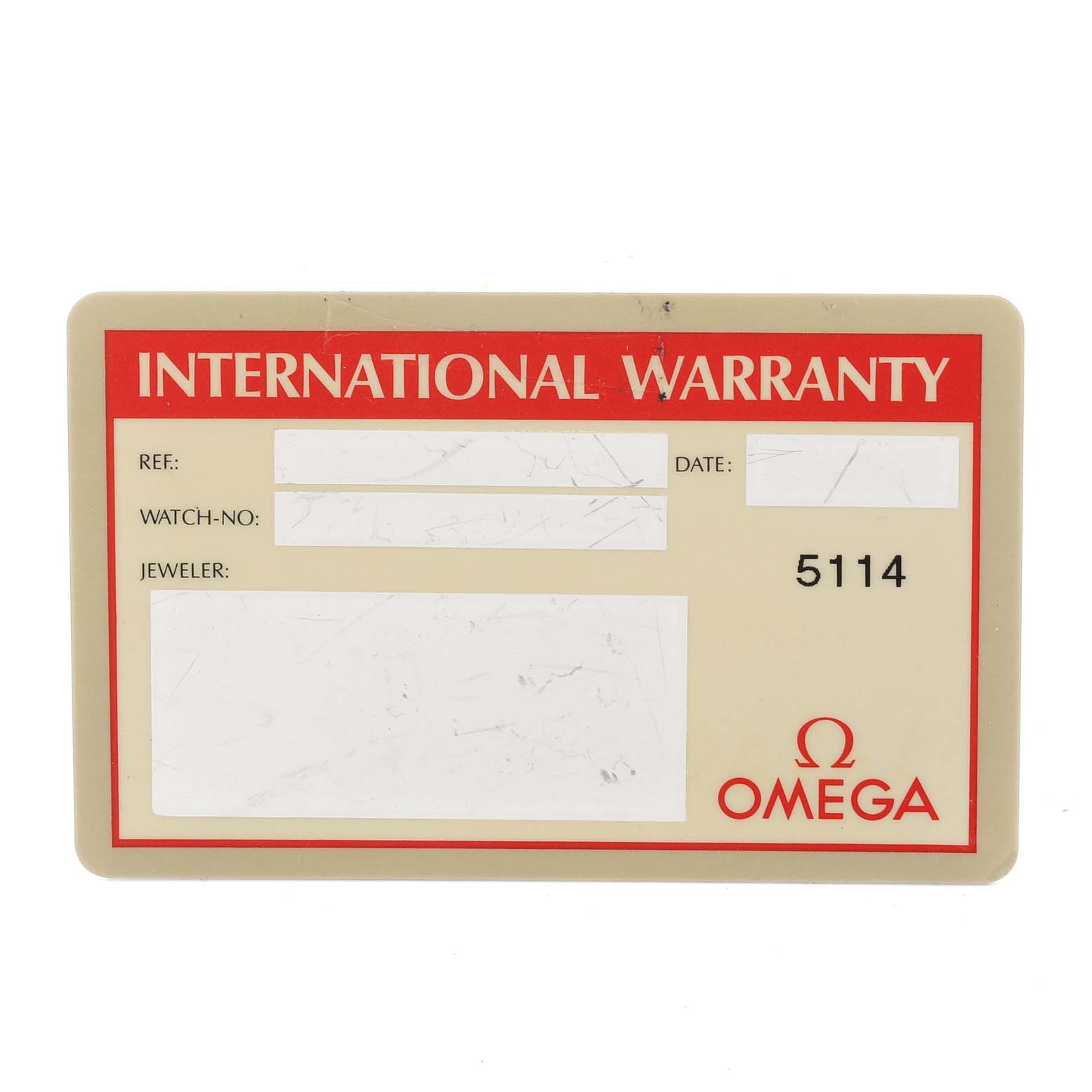 This image shows the international warranty card for the Omega Speedmaster 3510.50.00 Men's Stainless Steel Black Dial 3510.50.00 Men's Stainless Steel Black Dial watch model.