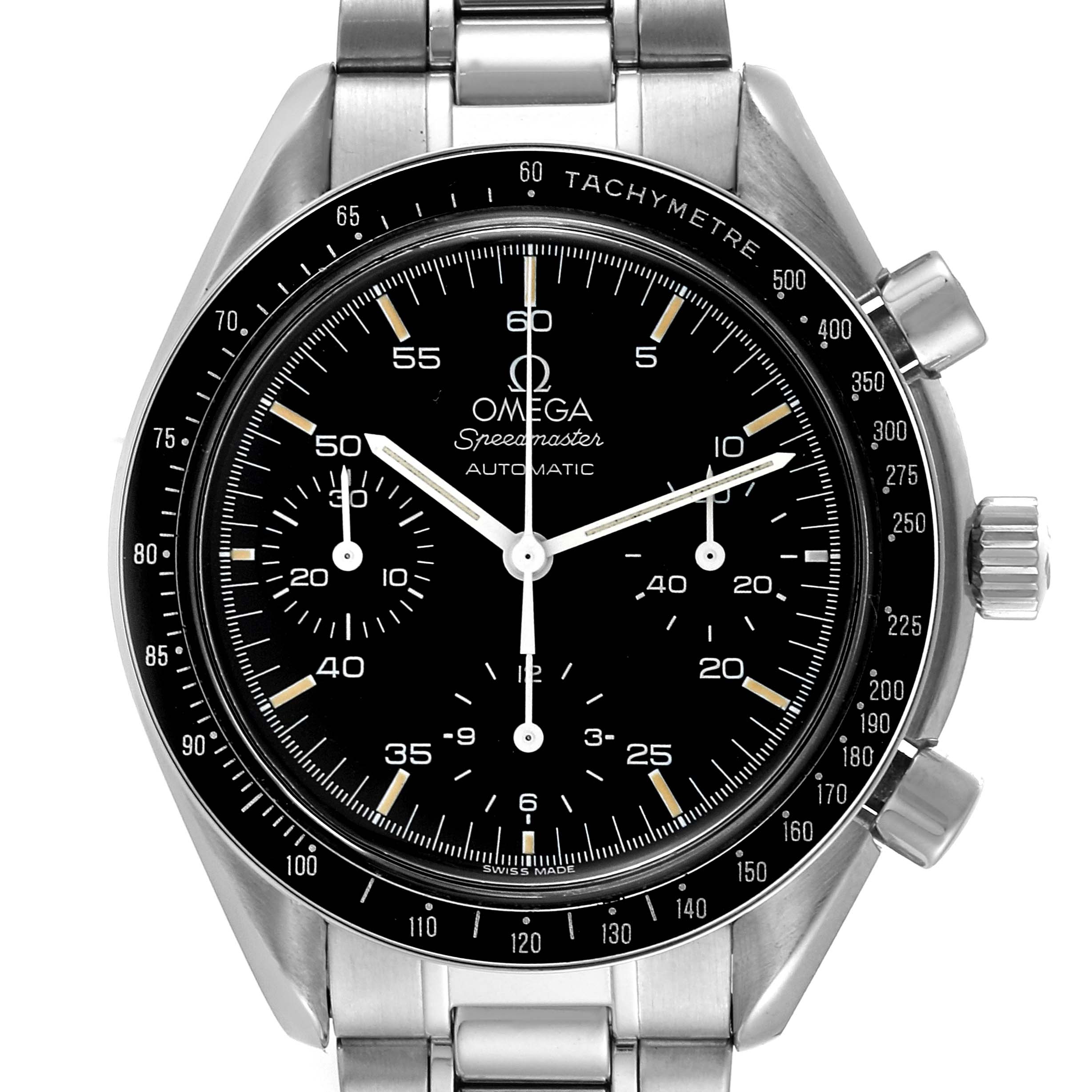 The image shows a frontal view of an Omega Speedmaster 3510.50.00 Men's Stainless Steel Black Dial 3510.50.00 Men's Stainless Steel Black Dial watch, highlighting the dial, tachymeter bezel, and pushers.