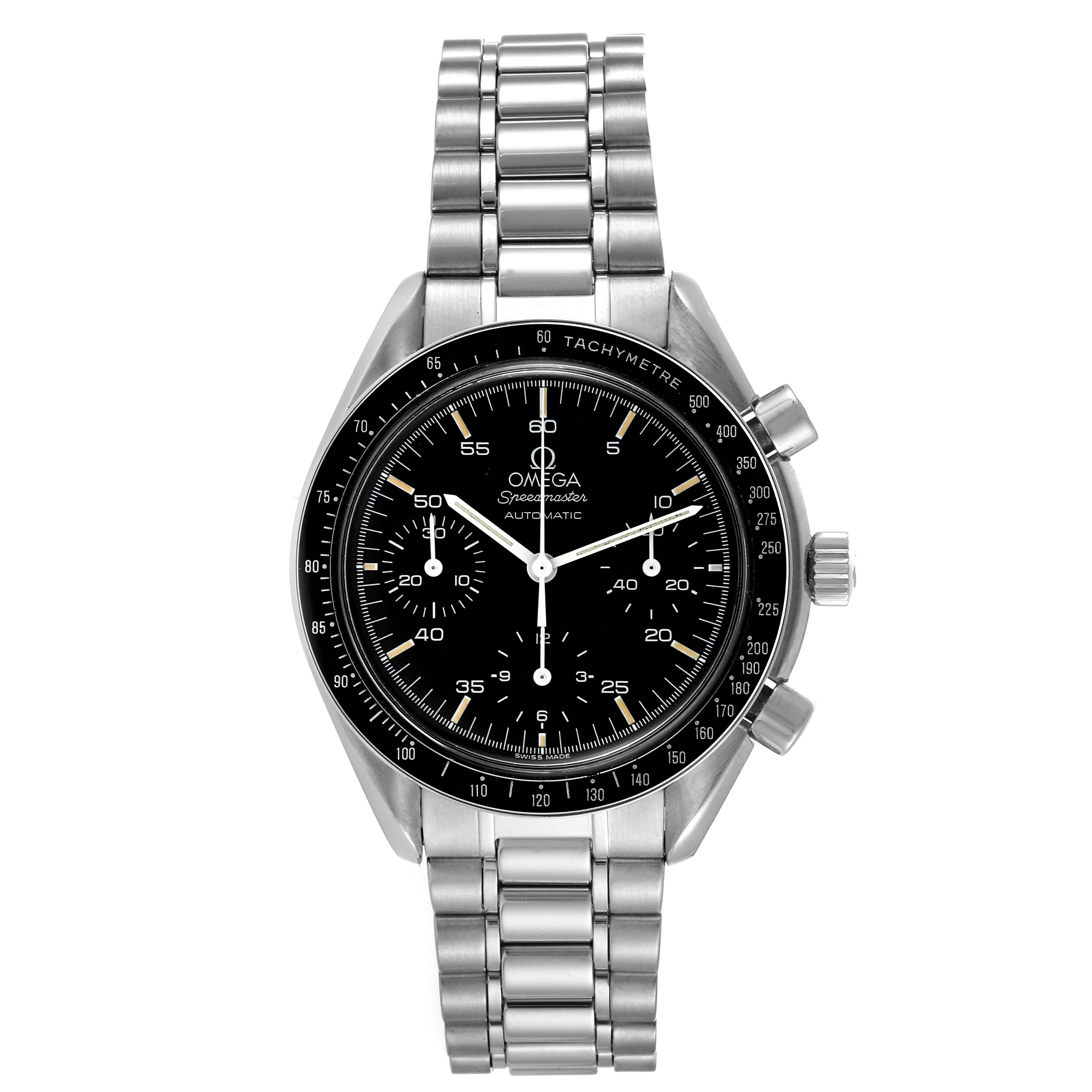 The image shows a front view of the Omega Speedmaster 3510.50.00 Men's Stainless Steel Black Dial 3510.50.00 Men's Stainless Steel Black Dial watch, featuring its black dial, chronograph subdials, and a stainless steel bracelet.