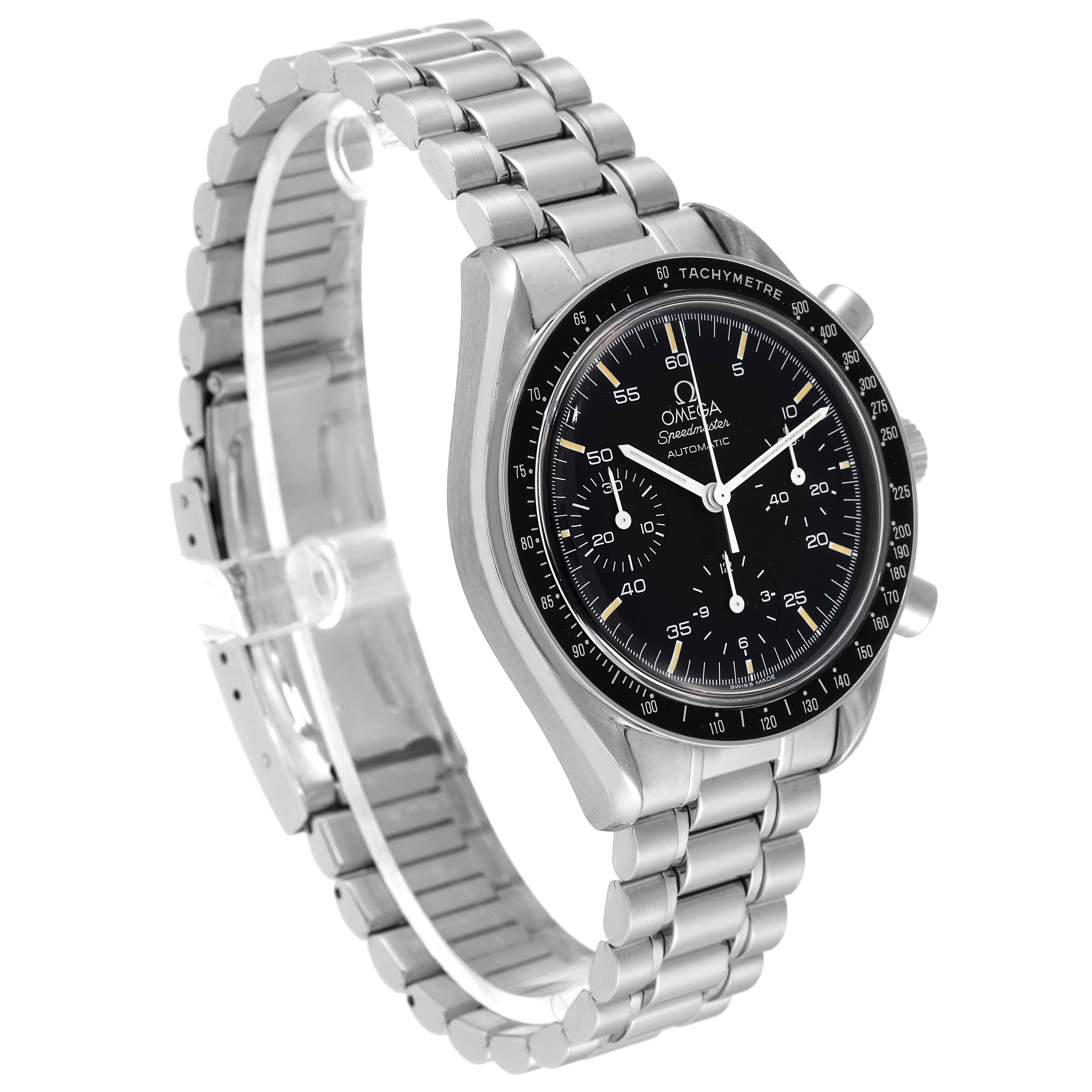 The Omega Speedmaster 3510.50.00 Men's Stainless Steel Black Dial 3510.50.00 Men's Stainless Steel Black Dial watch is shown from a three-quarter angle, highlighting the face, bezel, and stainless steel bracelet.
