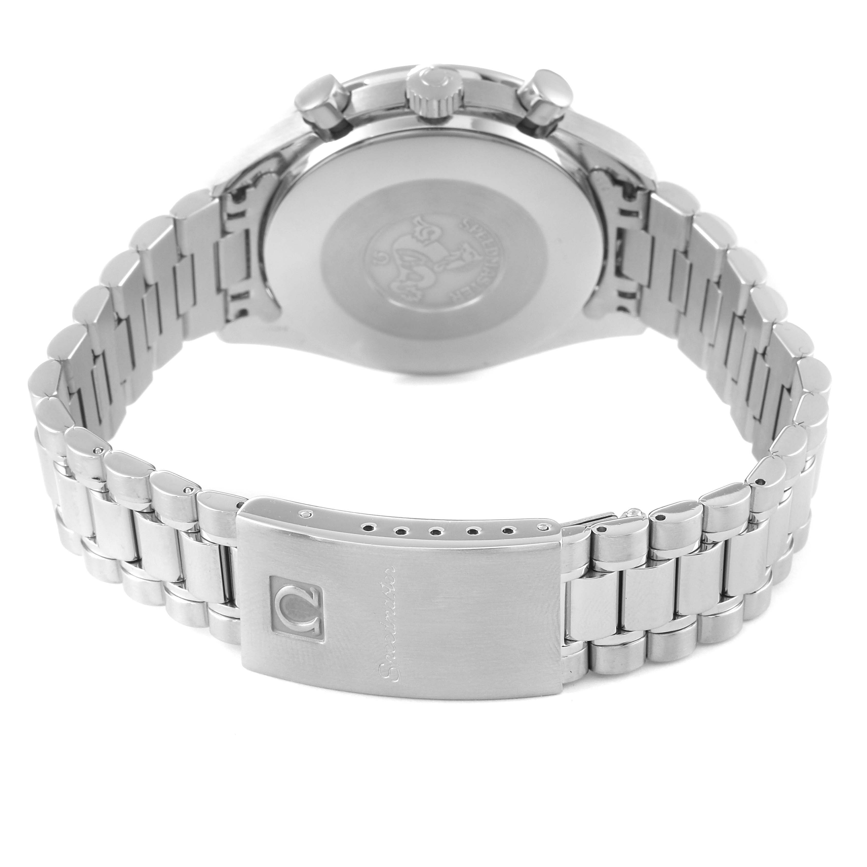 The image shows the back view of an Omega Speedmaster 3510.50.00 Men's Stainless Steel Black Dial 3510.50.00 Men's Stainless Steel Black Dial watch, highlighting the clasp and bracelet.