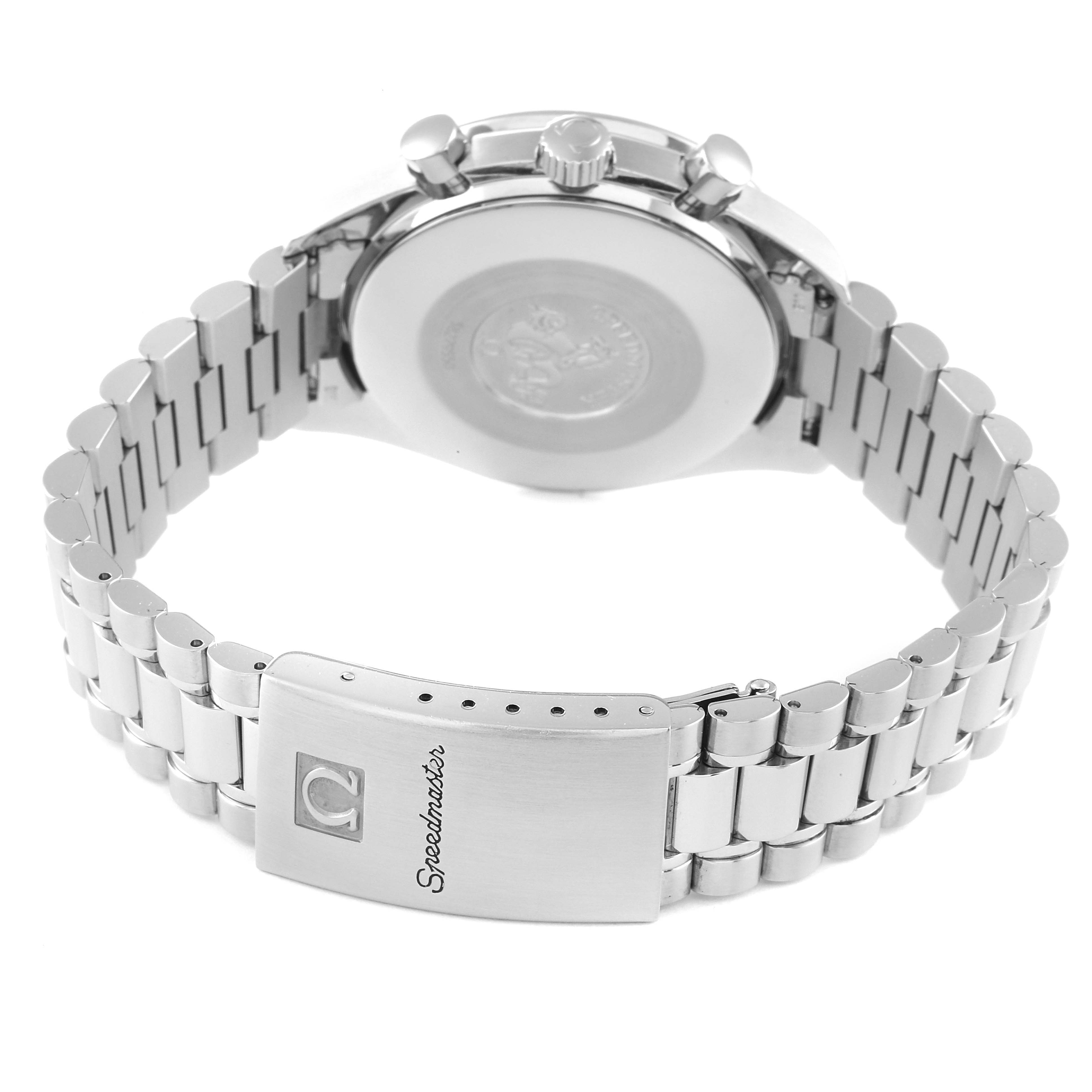 The image shows the back of an Omega Speedmaster 3510.50.00 Men
s Stainless Steel Black Dial 3510.50.00 Men
s Stainless Steel Black Dial watch, highlighting its metal bracelet and clasp.