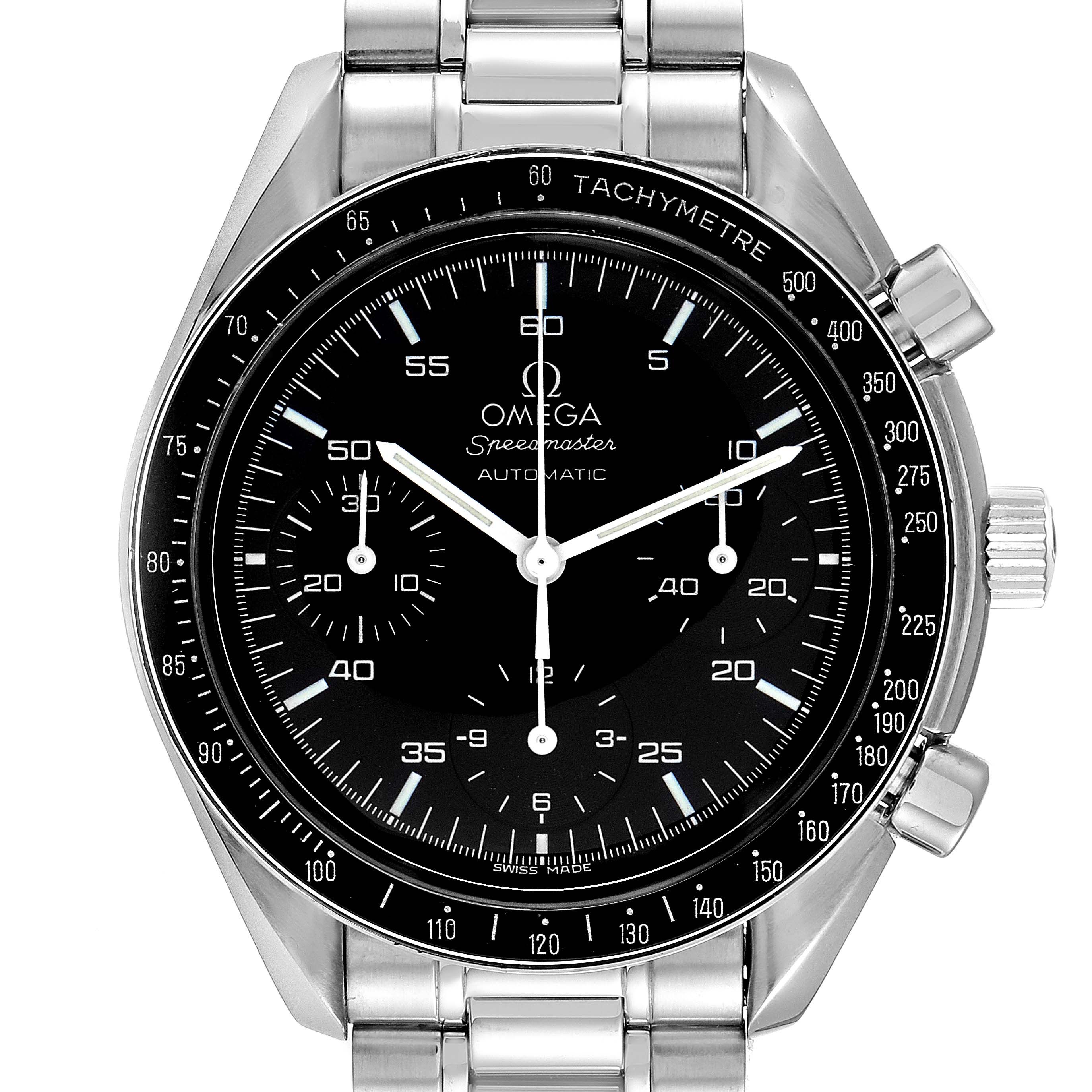 This image shows a front view of the Omega Speedmaster 3510.50.00 Men
s Stainless Steel Black Dial 3510.50.00 Men
s Stainless Steel Black Dial watch, displaying its dial, pushers, and steel bracelet.