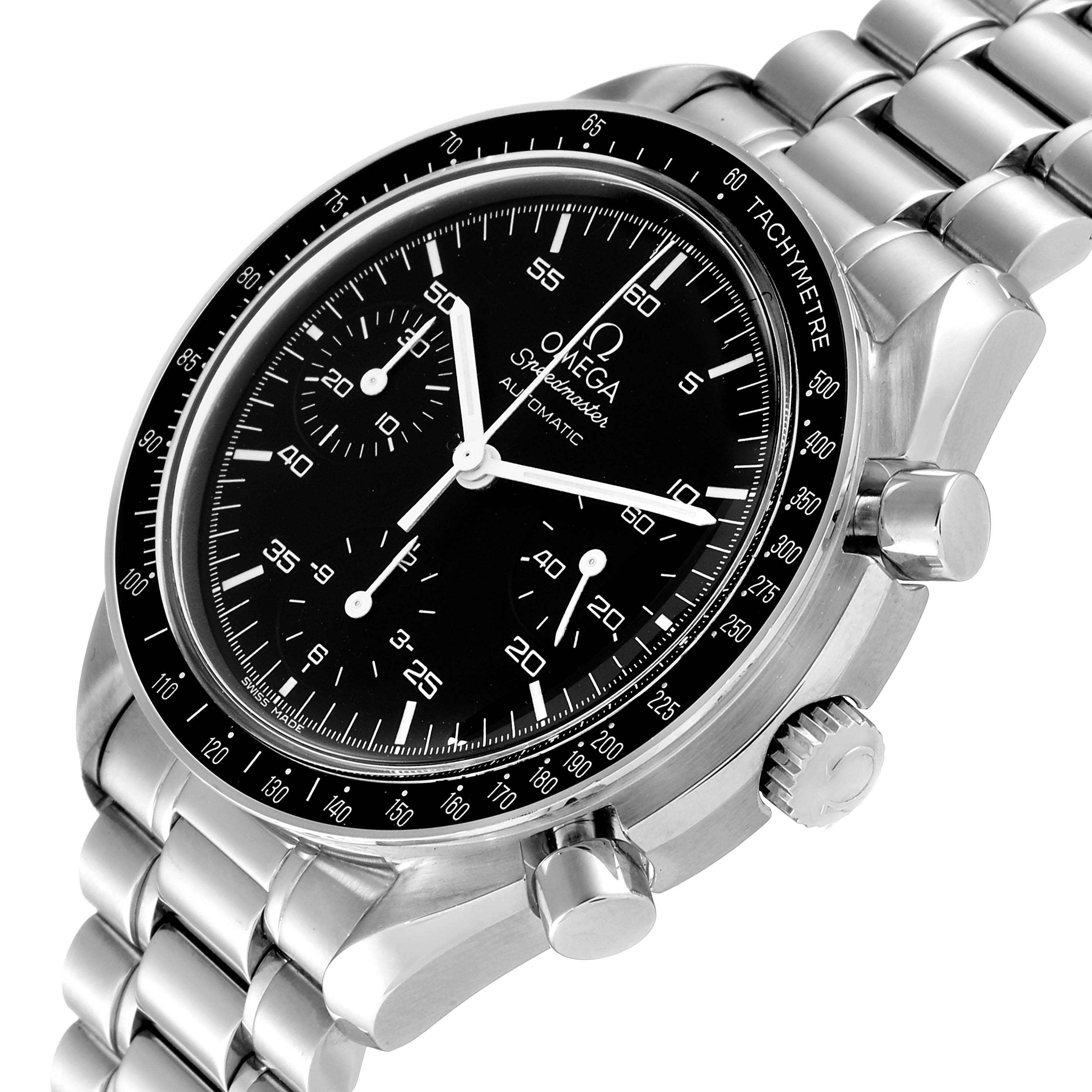 This image shows an angled view of an Omega Speedmaster 3510.50.00 Men
s Stainless Steel Black Dial 3510.50.00 Men
s Stainless Steel Black Dial watch, highlighting the dial, bezel, crown, pushers, and bracelet.