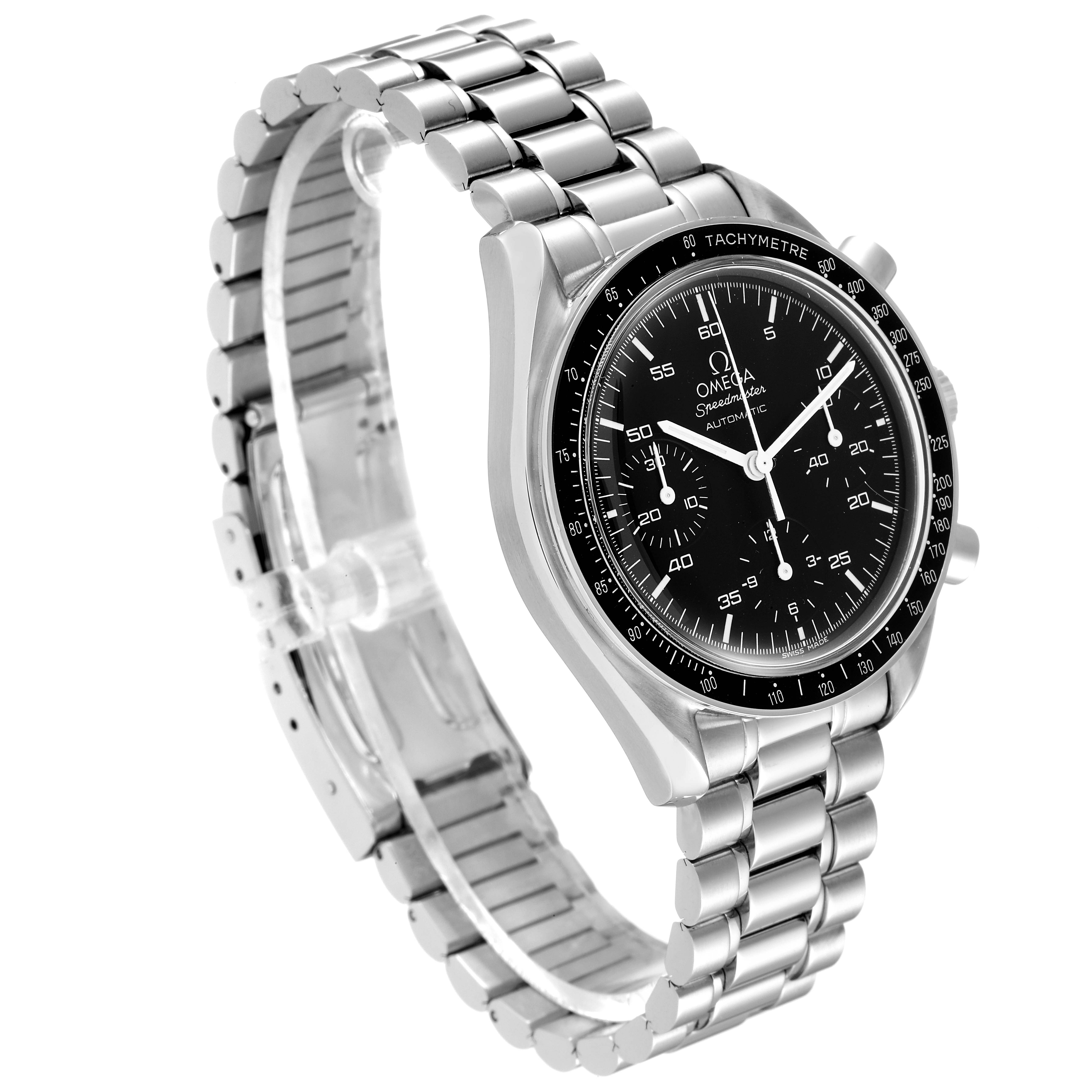 The image shows an angled view of the Omega Speedmaster 3510.50.00 Men
s Stainless Steel Black Dial 3510.50.00 Men
s Stainless Steel Black Dial watch displaying its face and stainless steel bracelet.