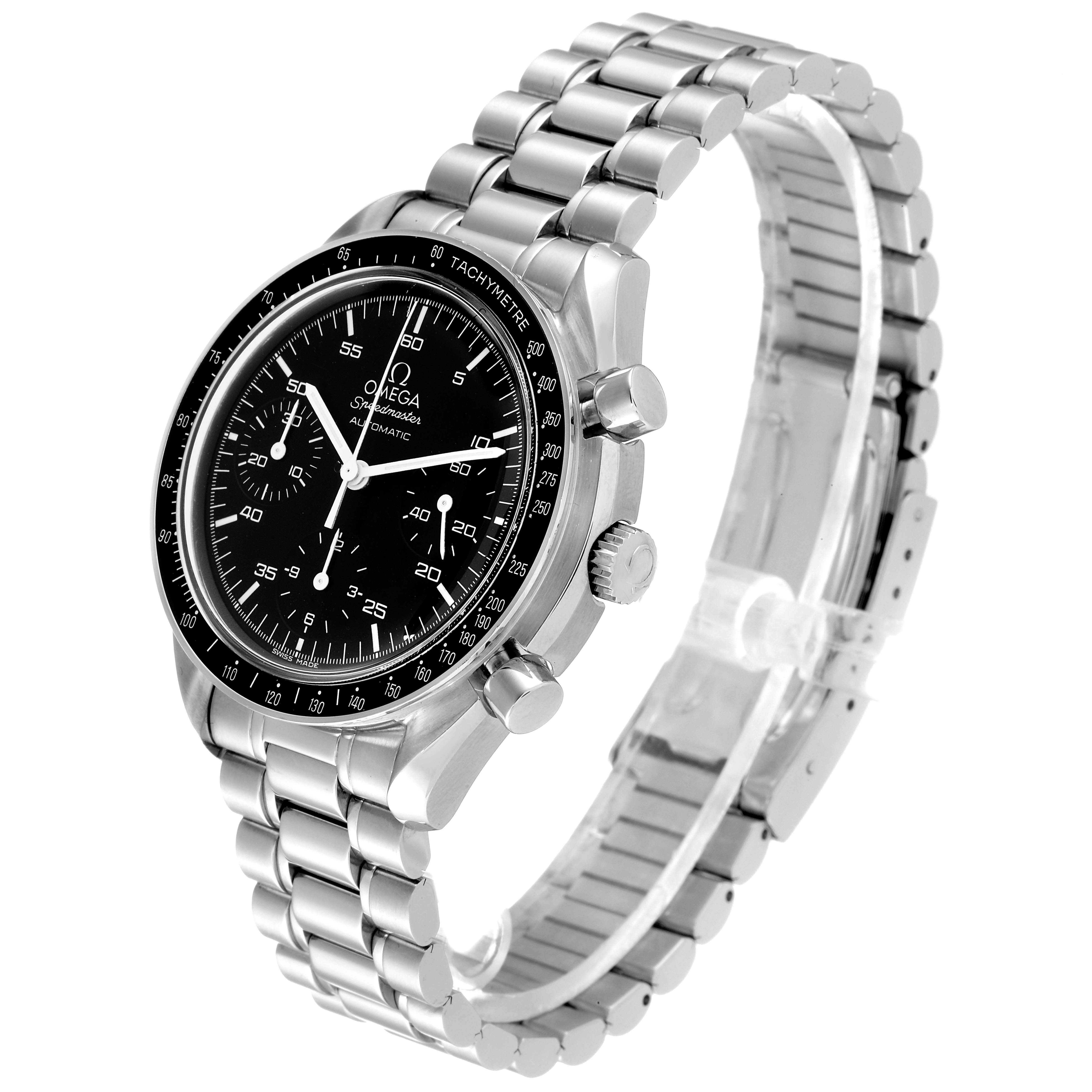 The image shows a side view of an Omega Speedmaster 3510.50.00 Men
s Stainless Steel Black Dial 3510.50.00 Men
s Stainless Steel Black Dial watch, highlighting its stainless steel bracelet and black dial.