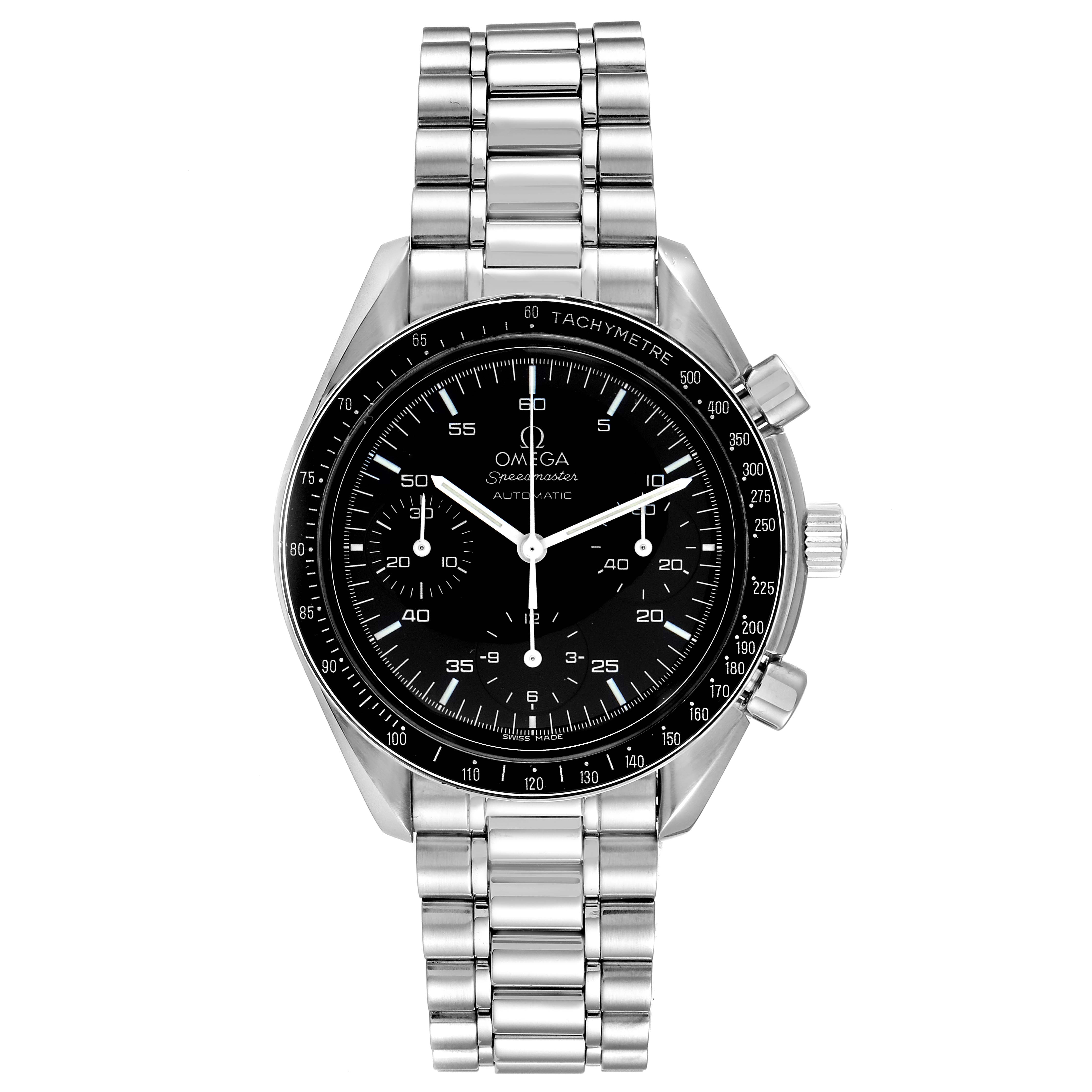 The Omega Speedmaster 3510.50.00 Men
s Stainless Steel Black Dial 3510.50.00 Men
s Stainless Steel Black Dial watch is shown from a top-down angle, featuring the face, bezel, pushers, and metal bracelet.