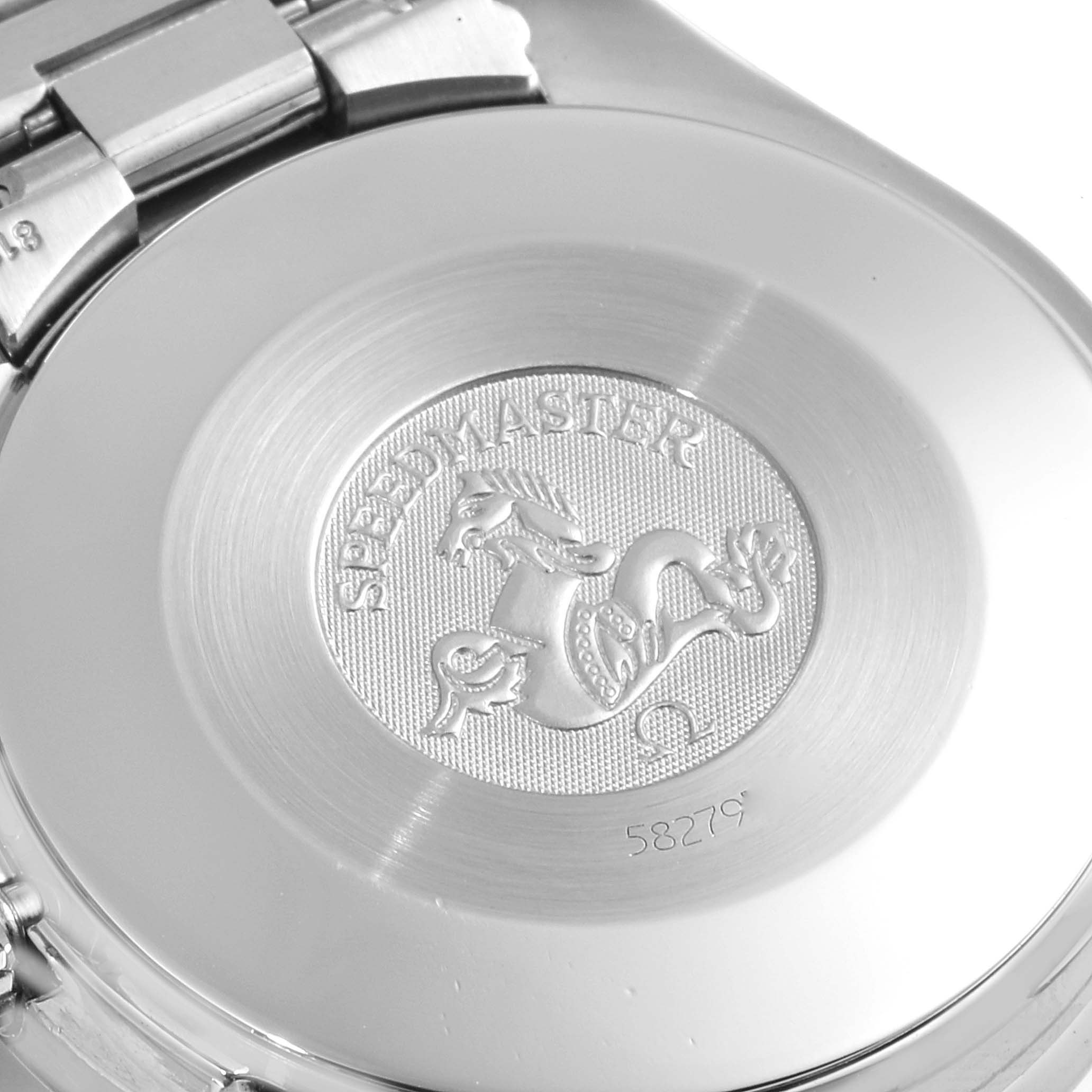 The image shows the case back of the Omega Speedmaster 3510.50.00 Men
s Stainless Steel Black Dial 3510.50.00 Men
s Stainless Steel Black Dial watch, featuring the engraved logo and model name.