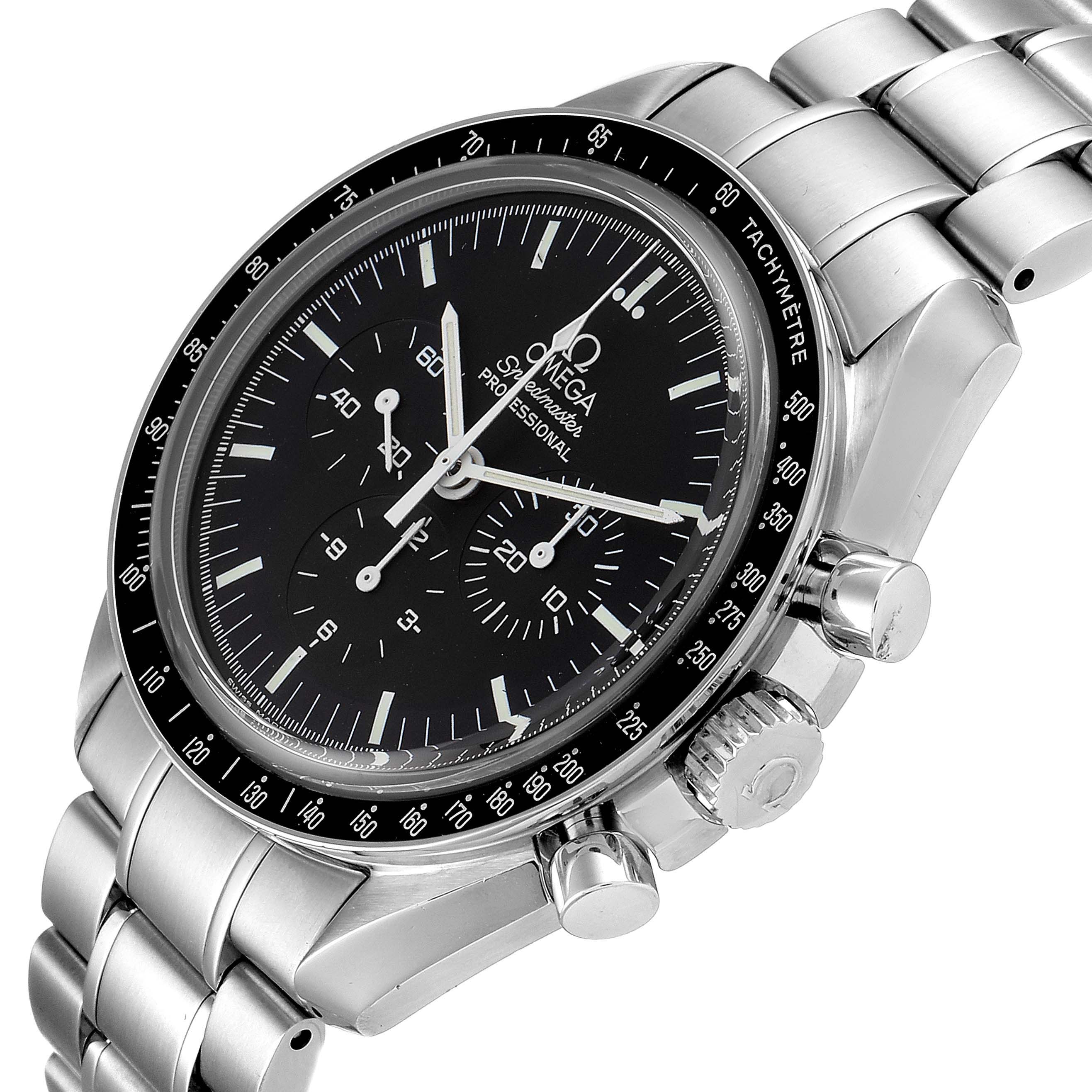 The Omega Speedmaster 3573.50.00 Men
s Stainless Steel Black Dial 3573.50.00 Men
s Stainless Steel Black Dial watch is shown at a slight angle, highlighting its black dial, tachymeter bezel, and stainless steel bracelet.