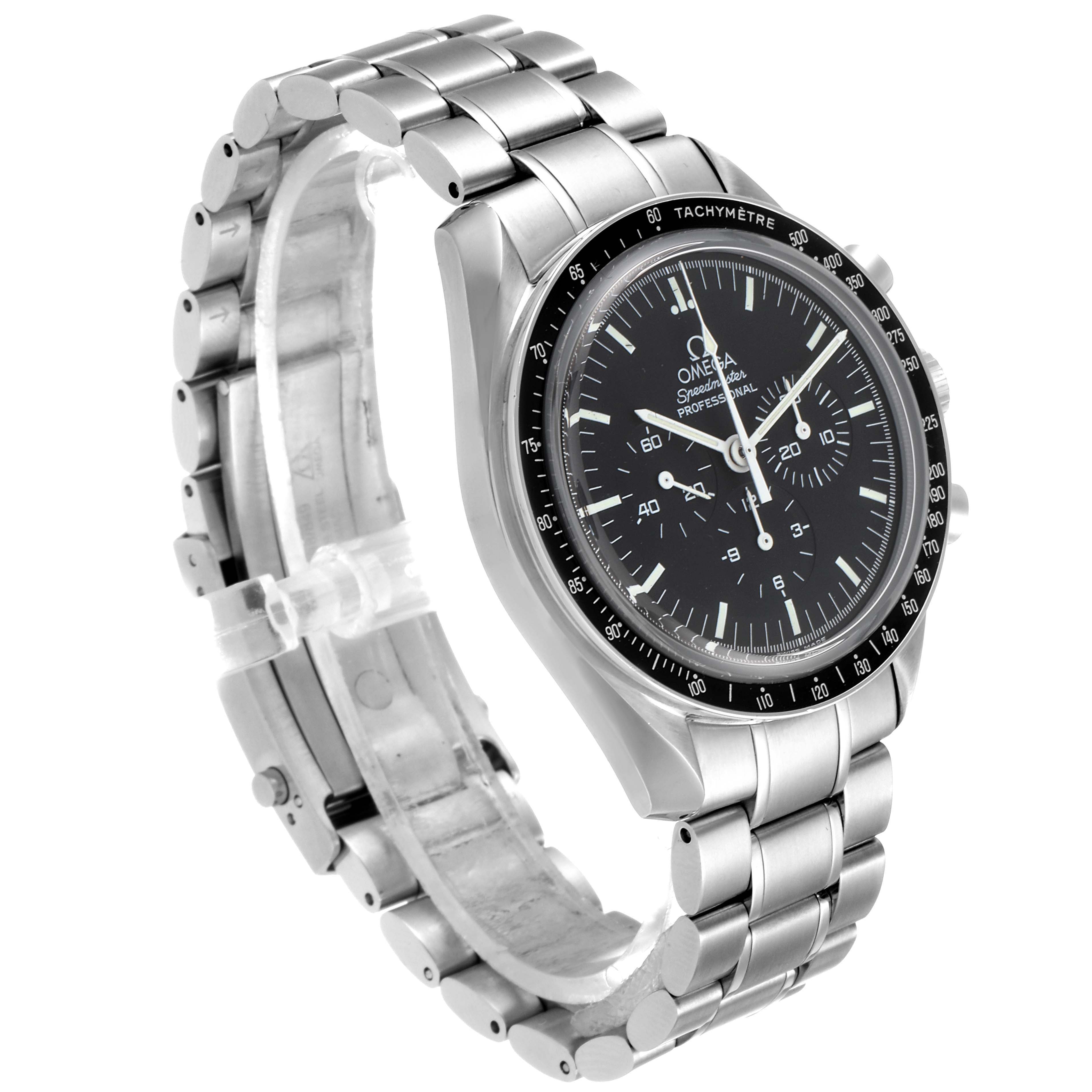The image shows an Omega Speedmaster 3573.50.00 Men
s Stainless Steel Black Dial 3573.50.00 Men
s Stainless Steel Black Dial watch from an angled side view, highlighting the dial, tachymeter bezel, and metal bracelet.