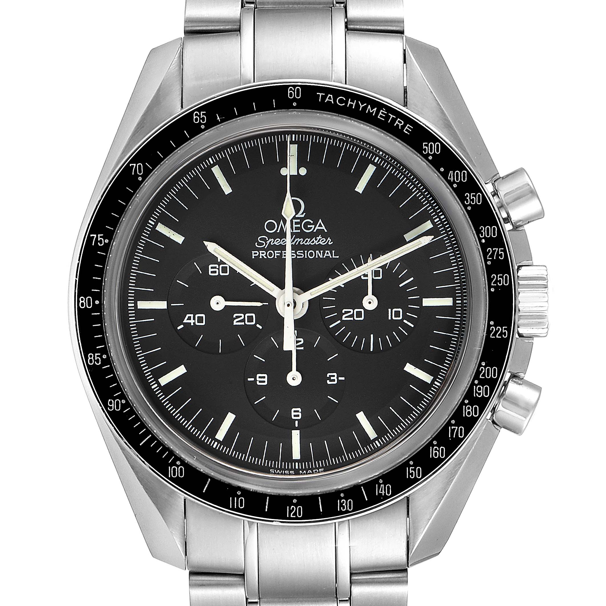 This image shows a front view of an Omega Speedmaster 3573.50.00 Men
s Stainless Steel Black Dial 3573.50.00 Men
s Stainless Steel Black Dial watch, featuring its face, bezel, and stainless steel bracelet.