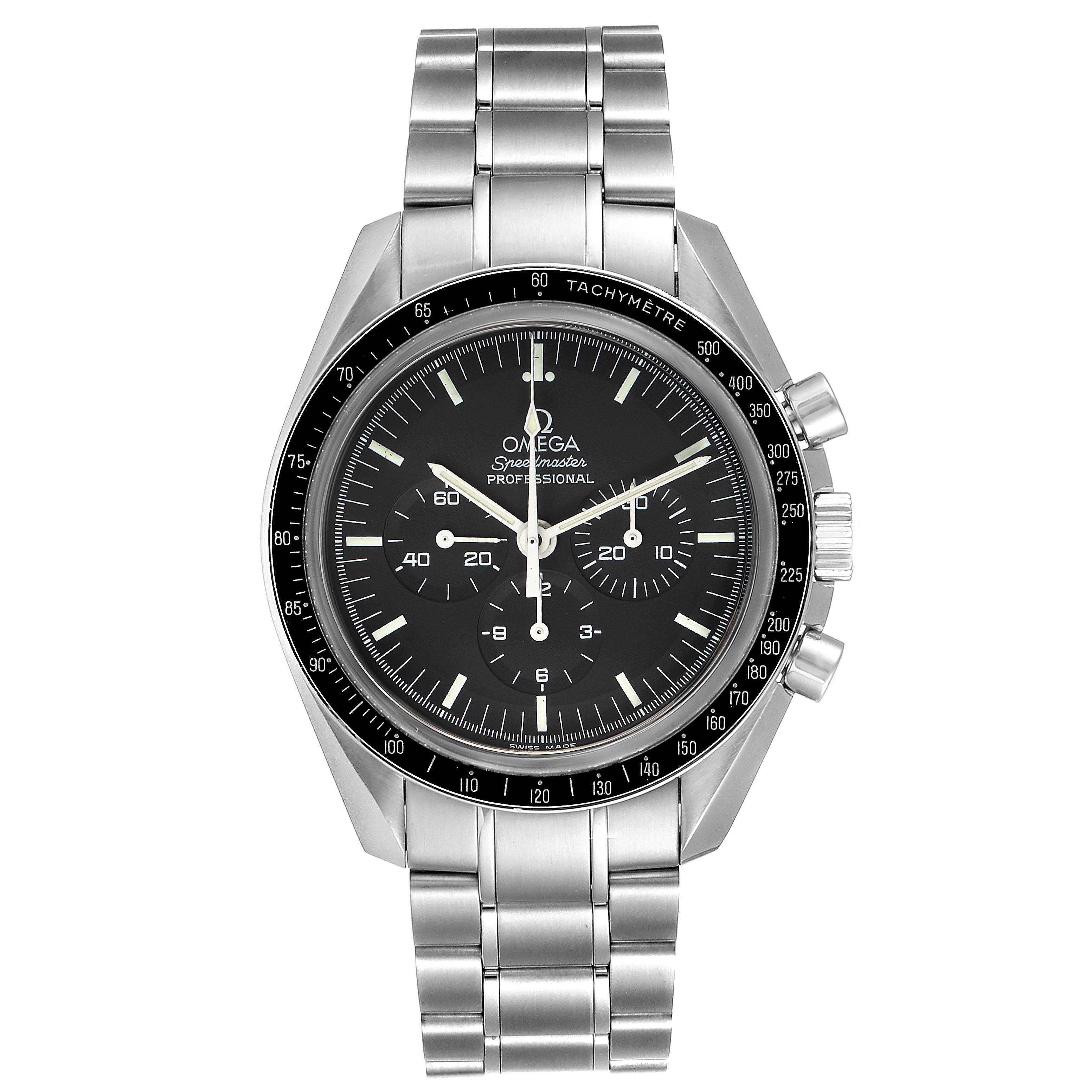 The Omega Speedmaster 3573.50.00 Men
s Stainless Steel Black Dial 3573.50.00 Men
s Stainless Steel Black Dial watch is shown from a front angle, displaying its dial, bezel, and stainless steel bracelet.