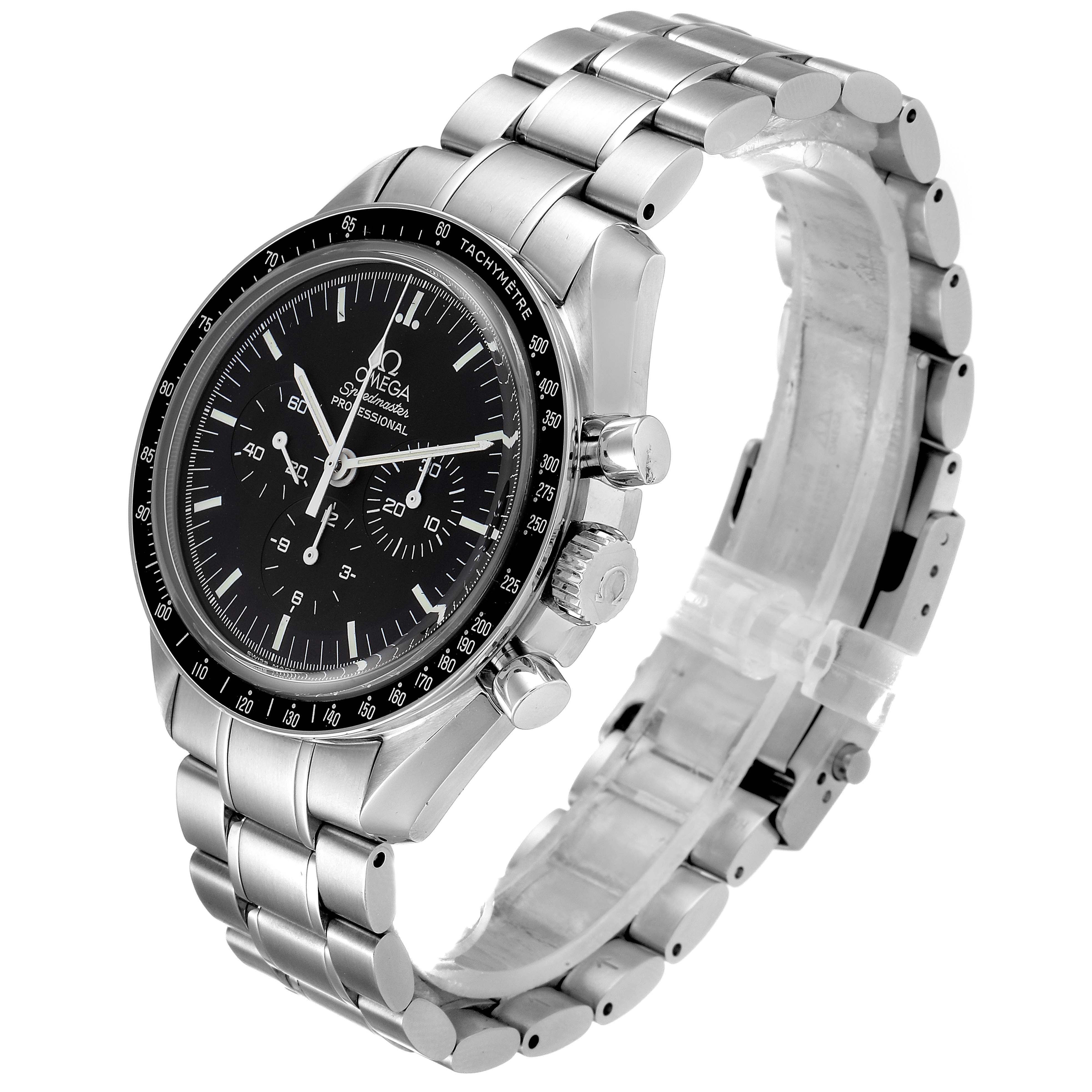 The image shows a side and front angle of the Omega Speedmaster 3573.50.00 Men
s Stainless Steel Black Dial 3573.50.00 Men
s Stainless Steel Black Dial watch, highlighting the dial and bracelet.