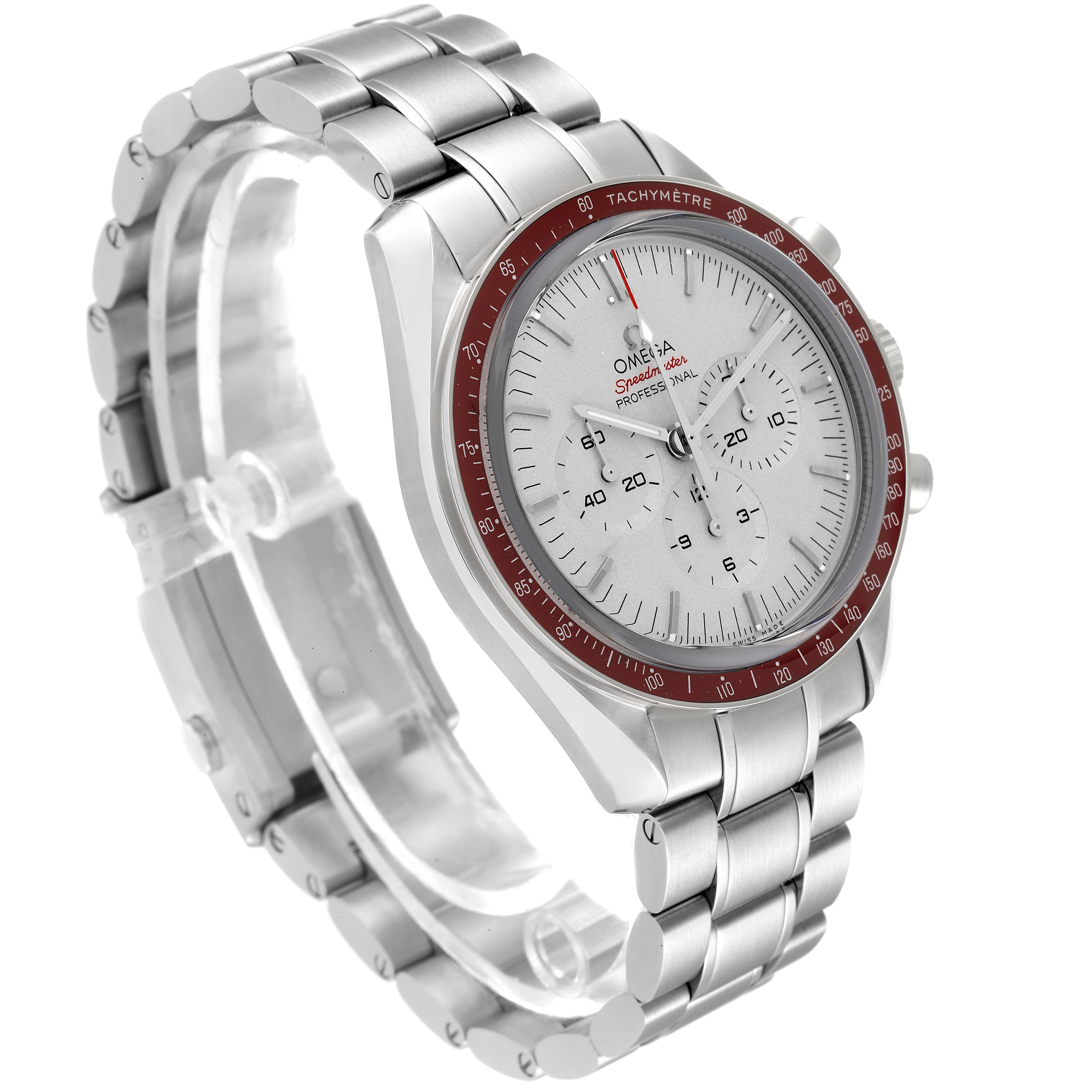 The image shows a side-angle view of an Omega Speedmaster 522.30.42.30.06.001 Men's Stainless Steel Silver Dial 522.30.42.30.06.001 Men's Stainless Steel Silver Dial watch, highlighting the dial, bezel, and bracelet.