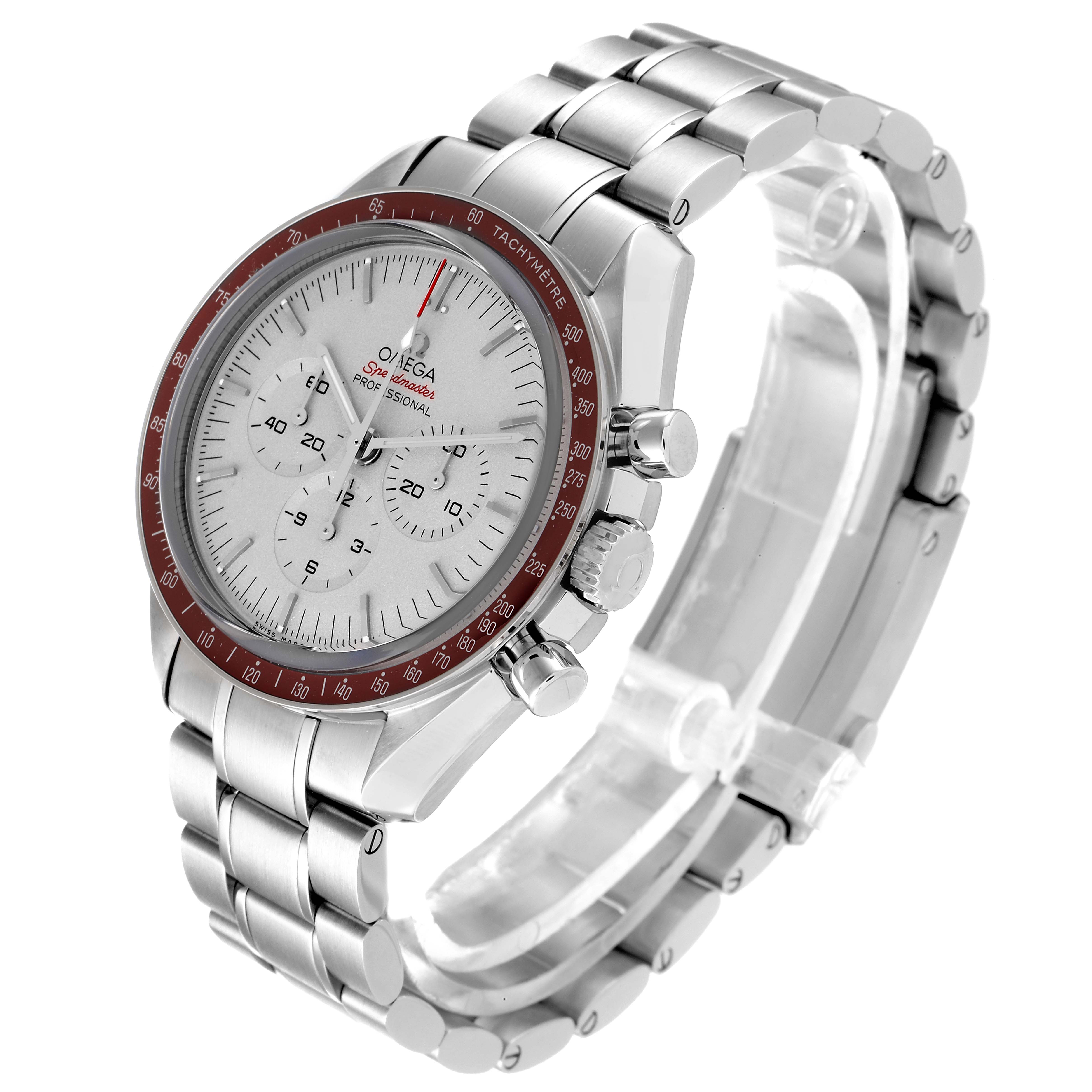 An angled view of the Omega Speedmaster 522.30.42.30.06.001 Men's Stainless Steel Silver Dial 522.30.42.30.06.001 Men's Stainless Steel Silver Dial, shows its face, bezel, crown, pushers, and bracelet.