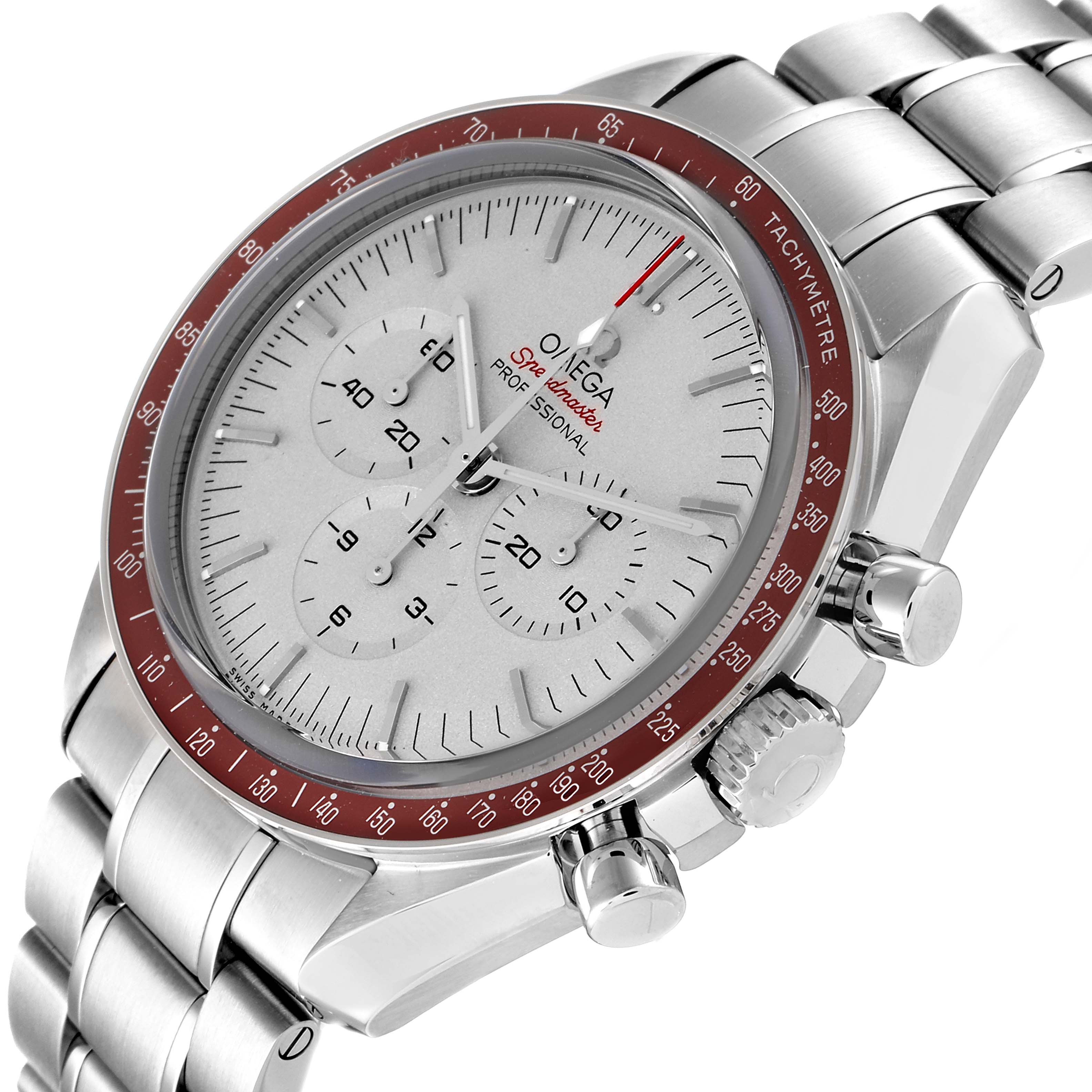 The image shows an Omega Speedmaster 522.30.42.30.06.001 Men's Stainless Steel Silver Dial 522.30.42.30.06.001 Men's Stainless Steel Silver Dial watch at a three-quarter angle, displaying its face, bezel, crown, and bracelet.