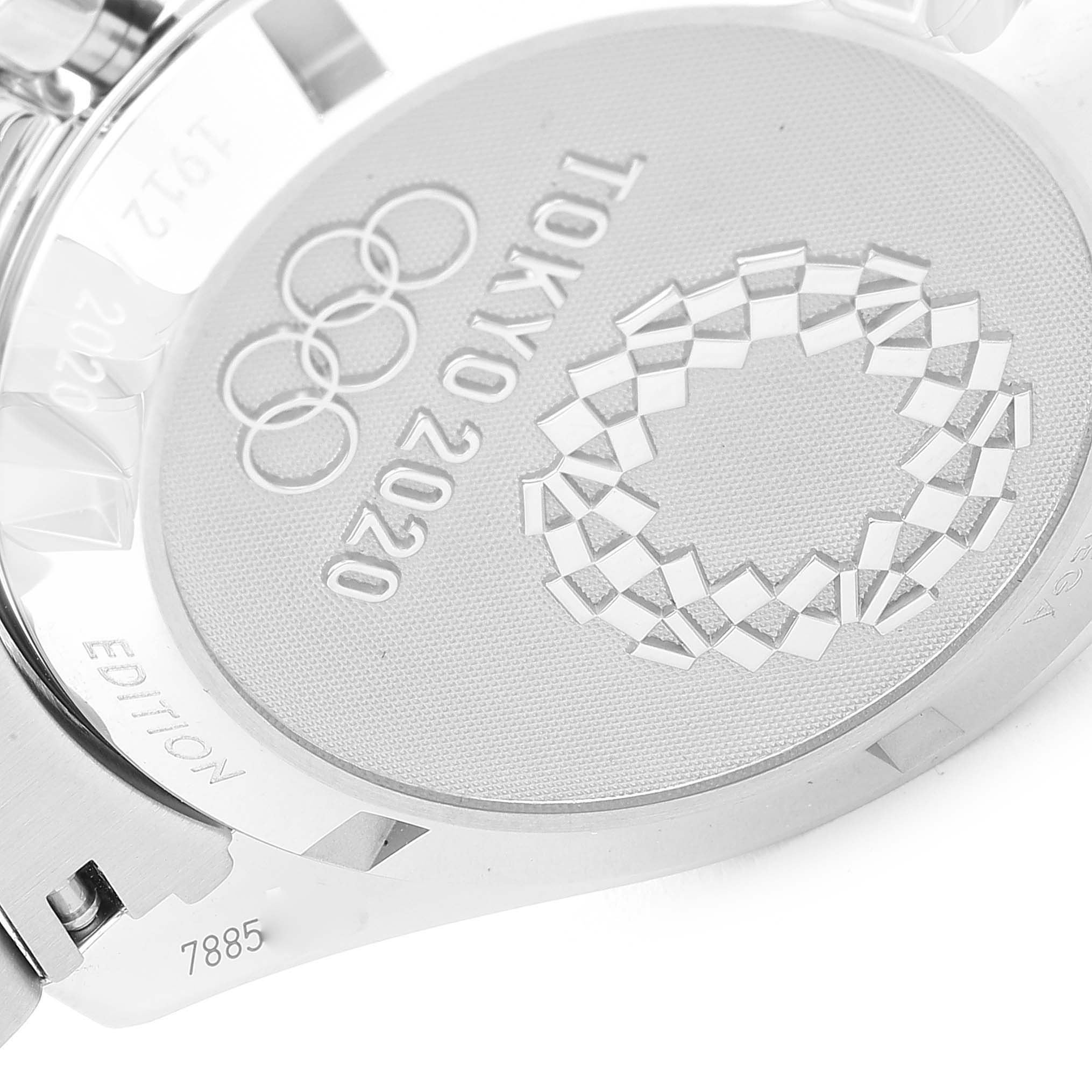 This image shows the engraved case back of the Omega Speedmaster 522.30.42.30.06.001 Men's Stainless Steel Silver Dial 522.30.42.30.06.001 Men's Stainless Steel Silver Dial, featuring the Tokyo 2020 emblem.