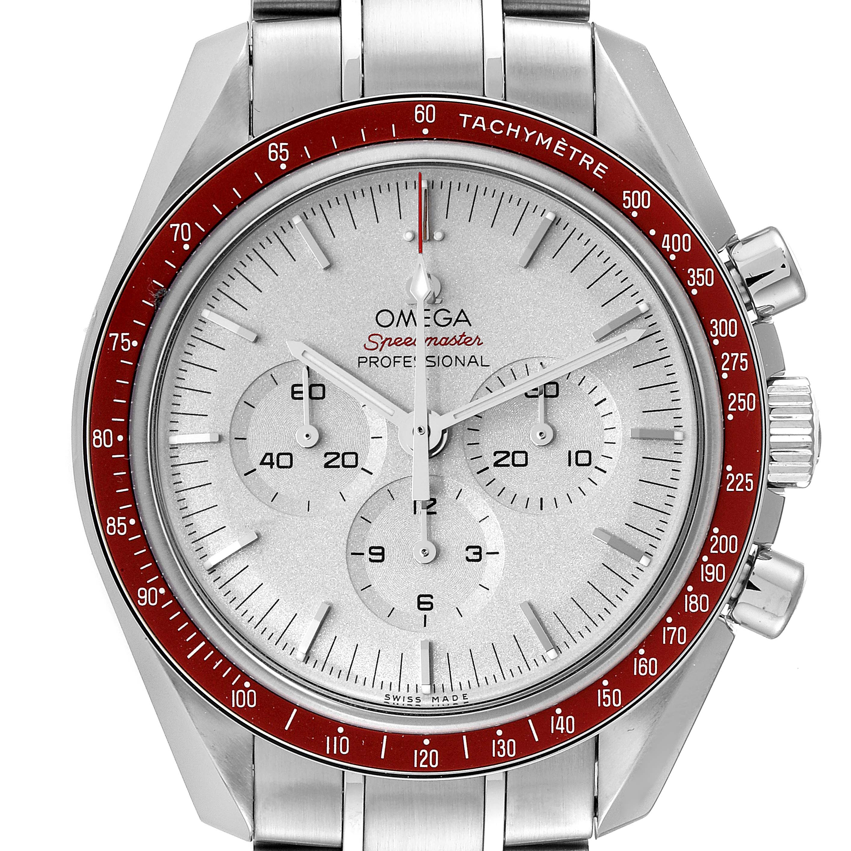 This image shows a front view of the Omega Speedmaster 522.30.42.30.06.001 Men's Stainless Steel Silver Dial 522.30.42.30.06.001 Men's Stainless Steel Silver Dial watch, highlighting its dial, subdials, and tachymeter bezel.