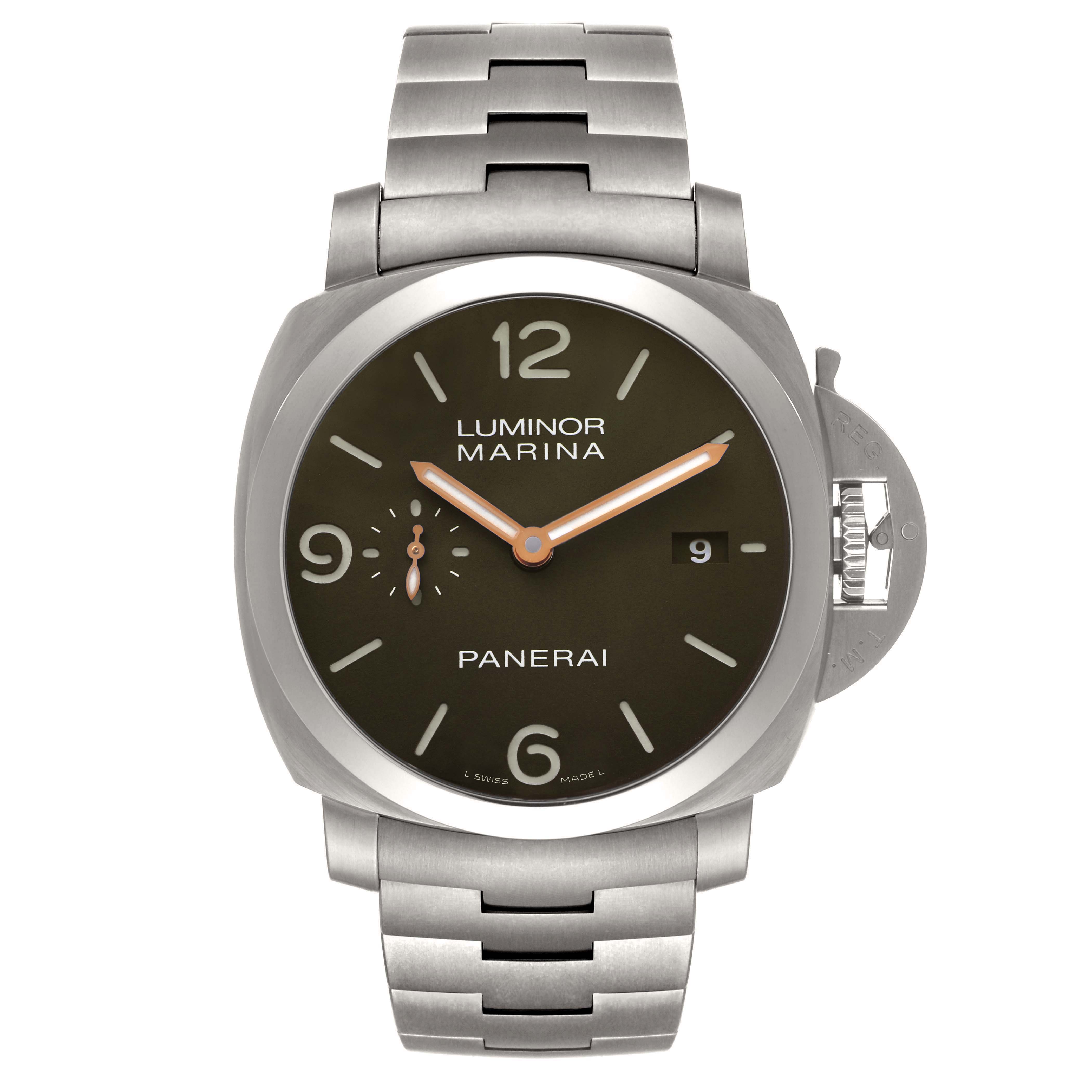 The Panerai Luminor PAM00352 Men's Titanium Brown Dial watch is shown from the front, displaying the dial, bracelet, and crown guard.