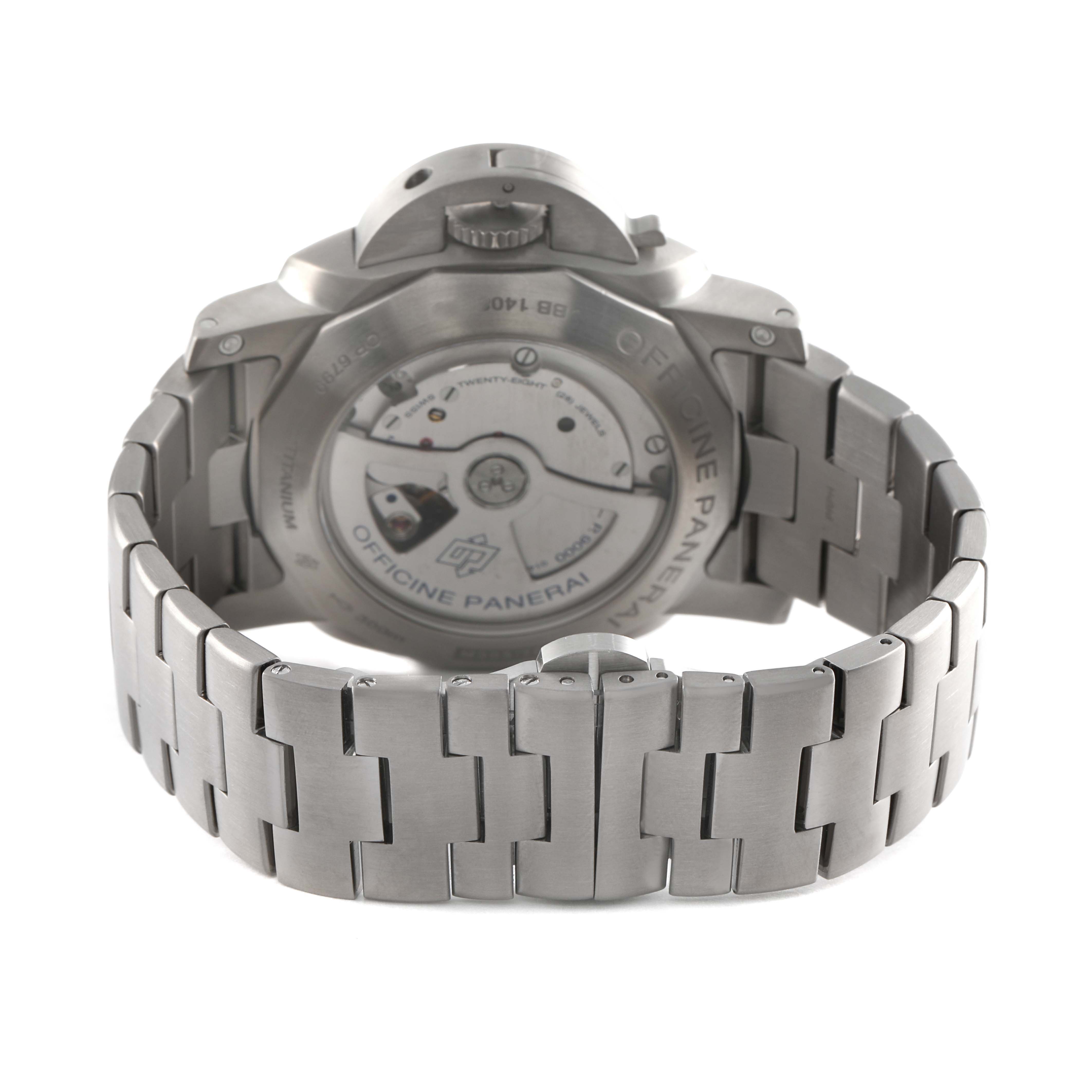 The image shows the back case and bracelet of a Panerai Luminor PAM00352 Men's Titanium Brown Dial watch, highlighting the movement mechanism.